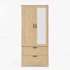 2 Door Wood Wardrobe for Bedroom with Hanging Clothing Rod inside the Cabinet and 2 Drawers for Storage Organization, Built-in induction light Multifunctional Closet with Mirror, Natural - Grand Goldman Shop