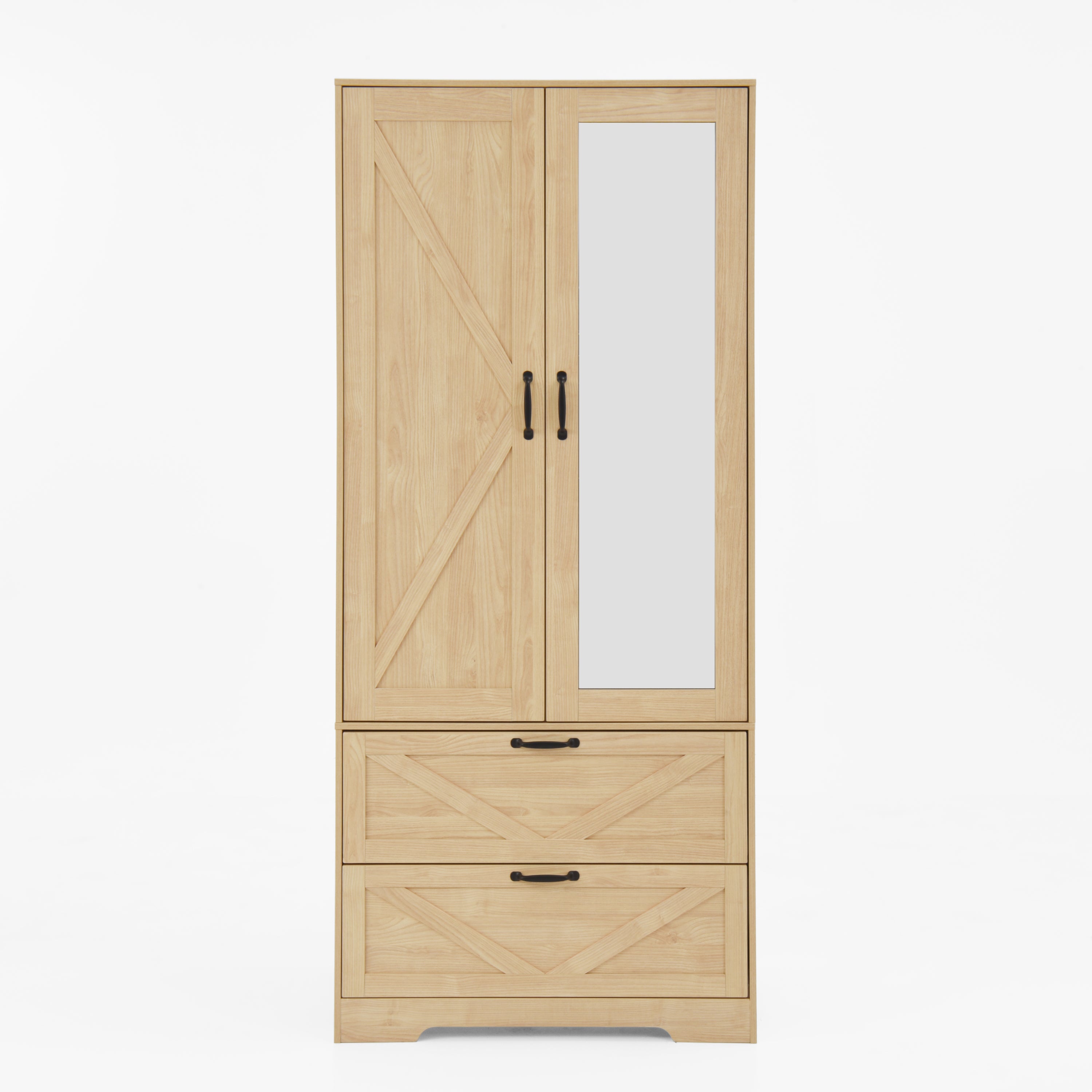 2 Door Wood Wardrobe for Bedroom with Hanging Clothing Rod inside the Cabinet and 2 Drawers for Storage Organization, Built-in induction light Multifunctional Closet with Mirror, Natural - Grand Goldman Shop
