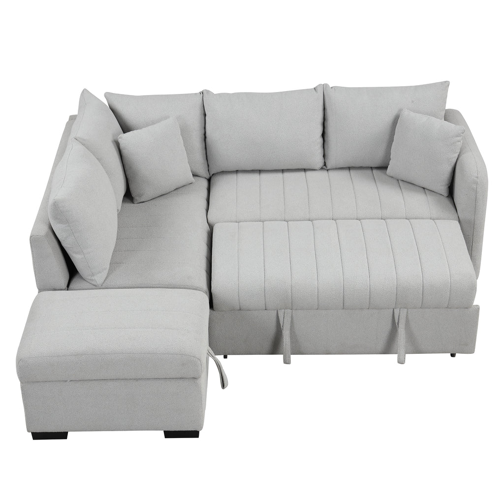 Modern L-shaped Sectional Pull Out Sofa Bed with USB Ports & Storage Ottoman, Gray Jacquard Fabric, 82.6' - Grand Goldman Shop