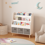 Kids Bookshelf with 3 Fabric Storage Bins, White Wooden Book Display Organizer for Toddlers and Children, Front-Facing Book R