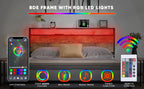 Queen Size Bed Frame with Storage Headboard and 2 Drawers, LED Lights Bed with Charging Station, Metal Platform Bed No Noise, Mattress Foundation Strong Metal Slats Support No Box Spring Needed - Grand Goldman Shop