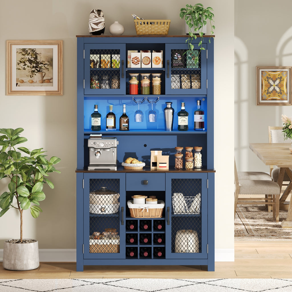 70.9' Kitchen Pantry Storage Cabinet Rustic Buffet Cabinet, Kitchen Hutch Cabinet with LED Outlets Food Pantry Cabinet with Doors and Shelves Wine Rack for Dining Room, Navy Blue - Grand Goldman Shop