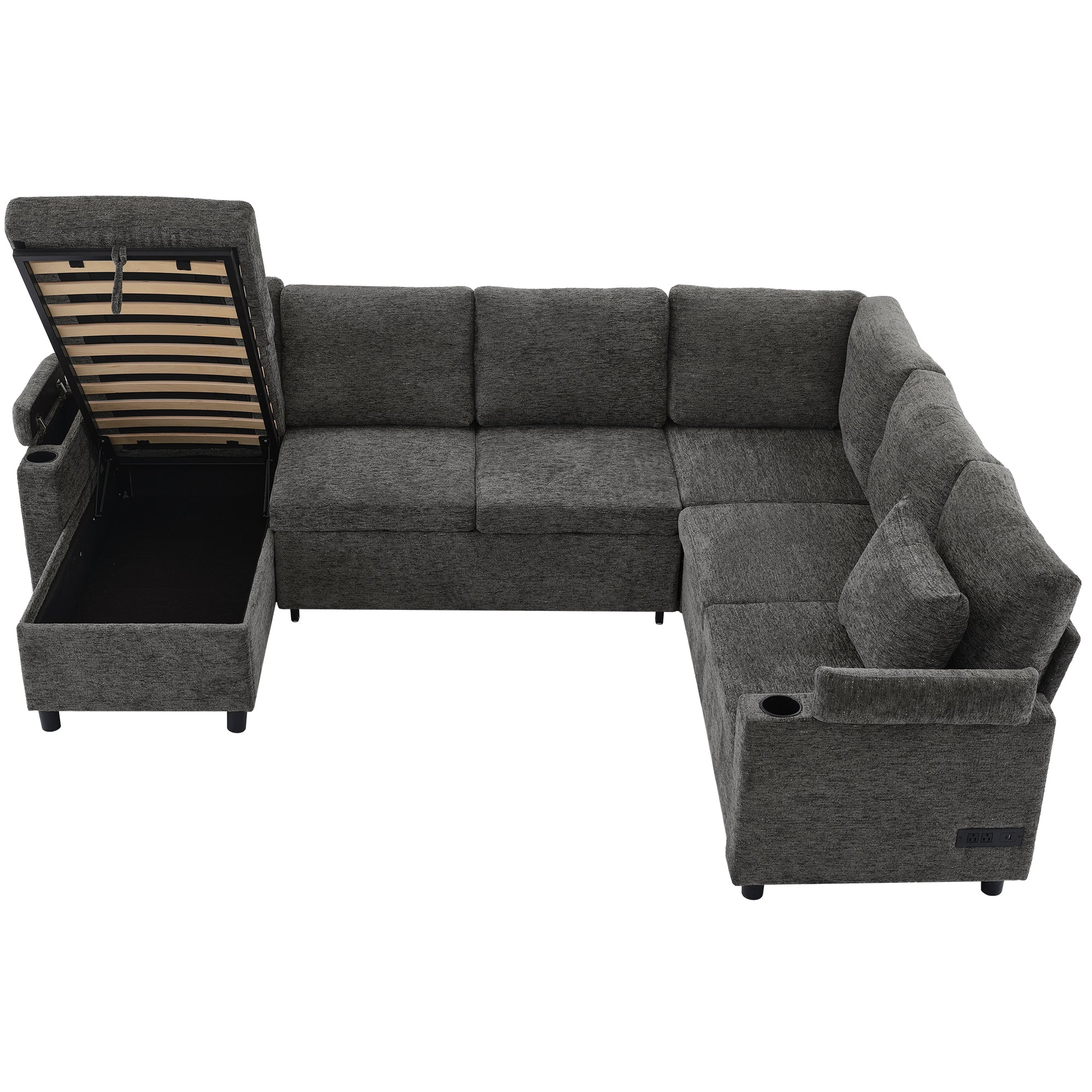 Versatile U-Shaped Sectional Sofa Bed with Storage, Cup Holders, Charging Ports in Grey Chenille - Grand Goldman Shop