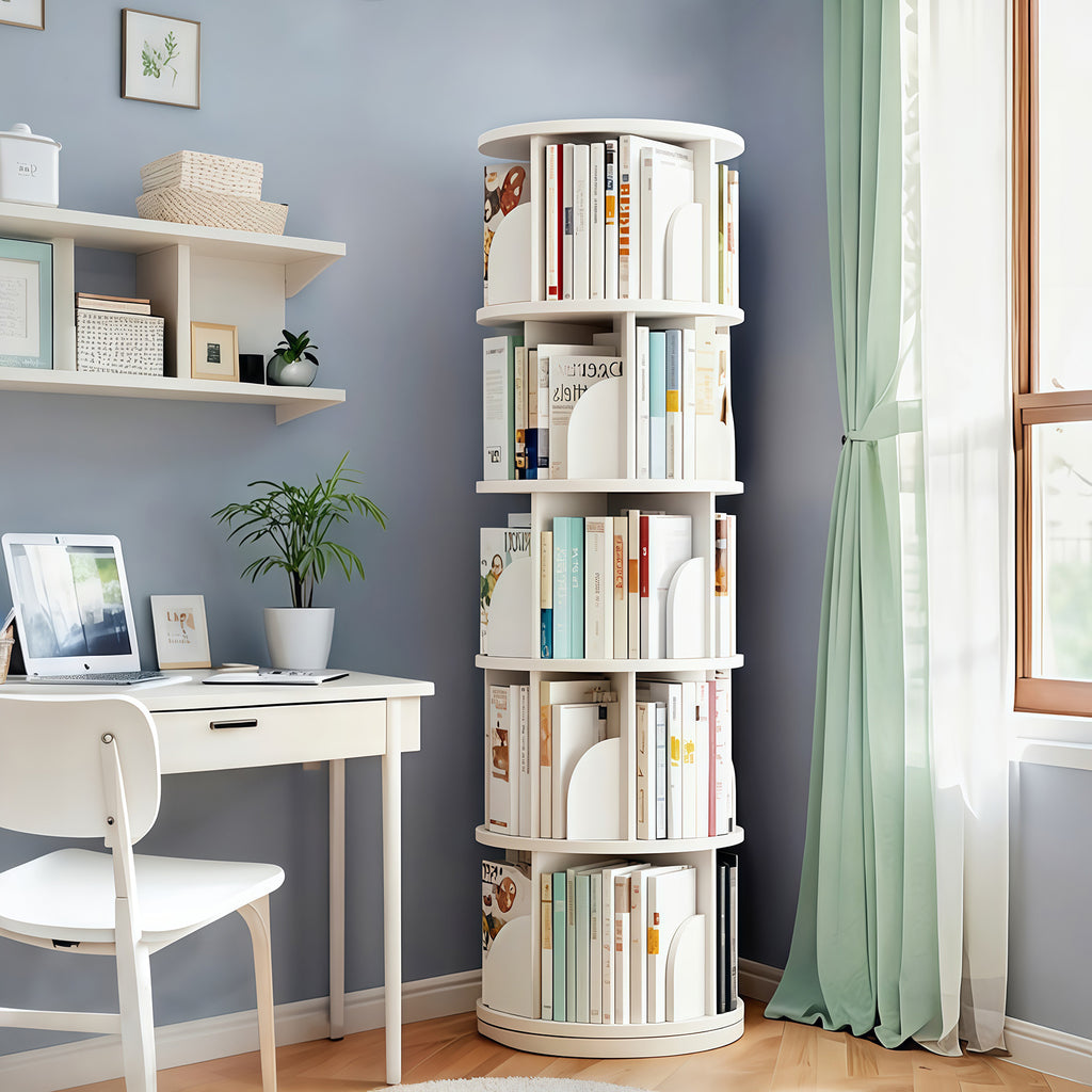 5 Tier Rotating Bookshelf, 360° Display Round Spinning Bookshelf, Space-Saving, Small Space Rotating Bookshelf Tower for Bedroom, Living Room, Home, Office, Warm White - Grand Goldman Shop