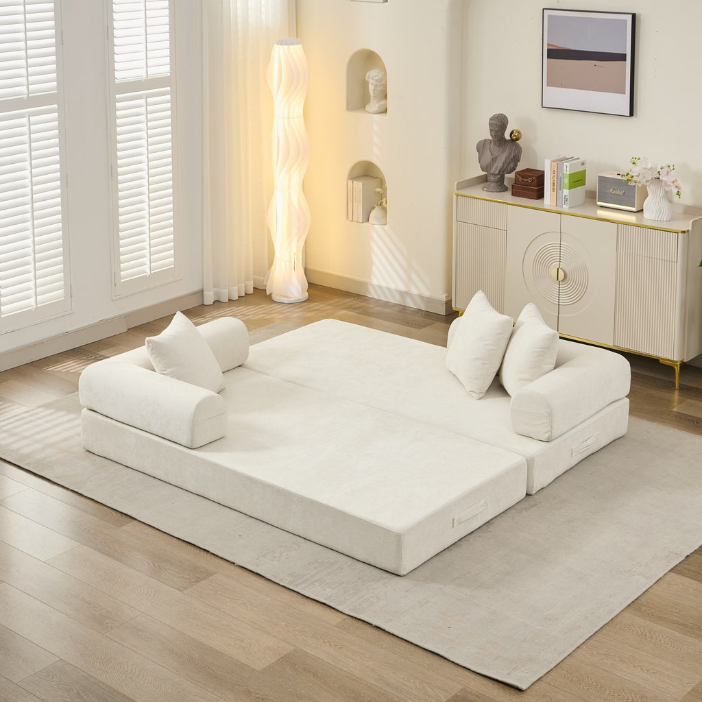 Comfy Convertible Folding Mattress Couch, Floor Sofa Bed, Chenille Floor Sofa with Armrest, Floor Sofa Lounge Couch for Living Room Bedroom Lounge Studio-Beige - Grand Goldman Shop