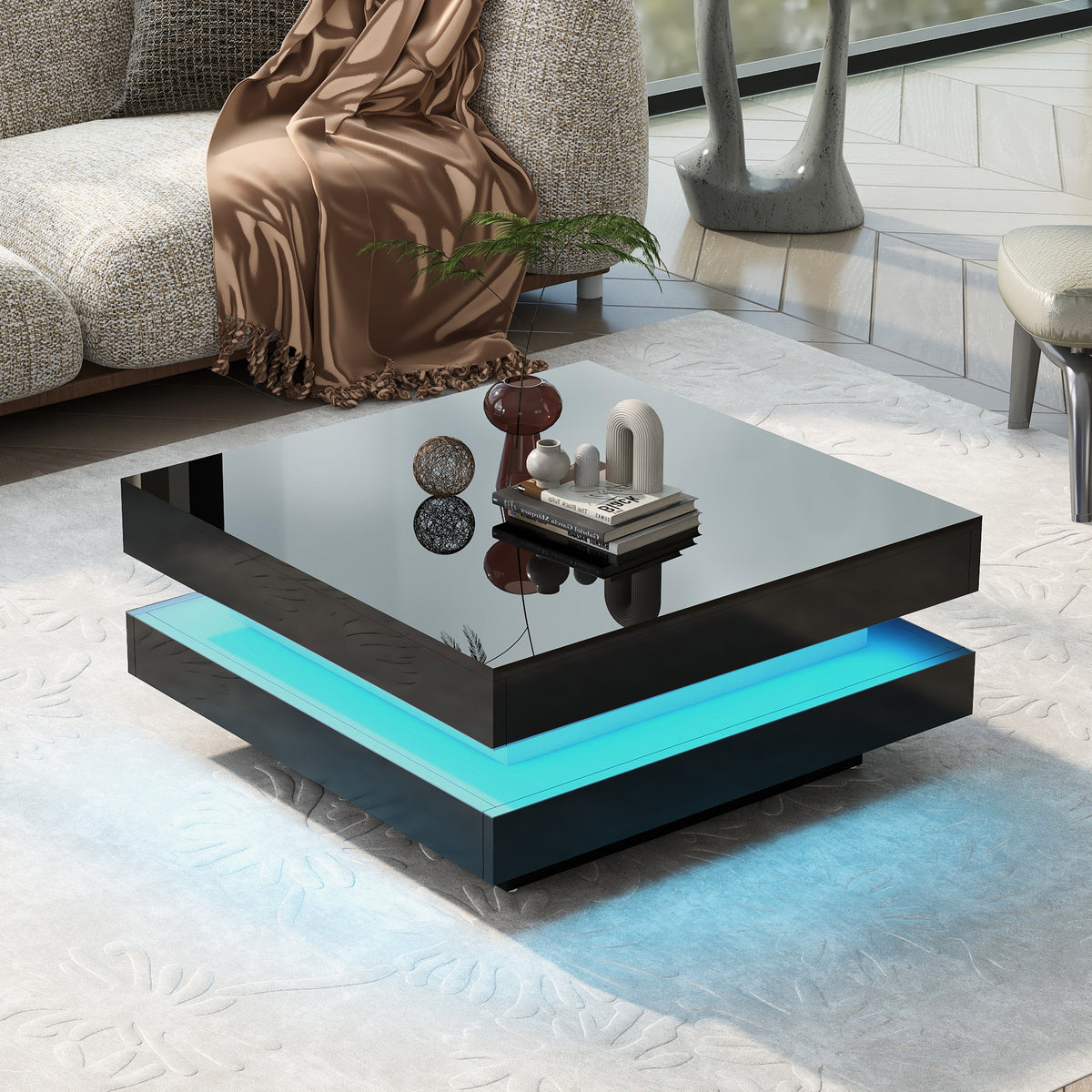 ON-TREND High Gloss Minimalist Design with LED Lights, 2-Tier Square Coffee Table, Center Table for Living Room, 31.5''x31.5''x14.2'',Black - Grand Goldman Shop