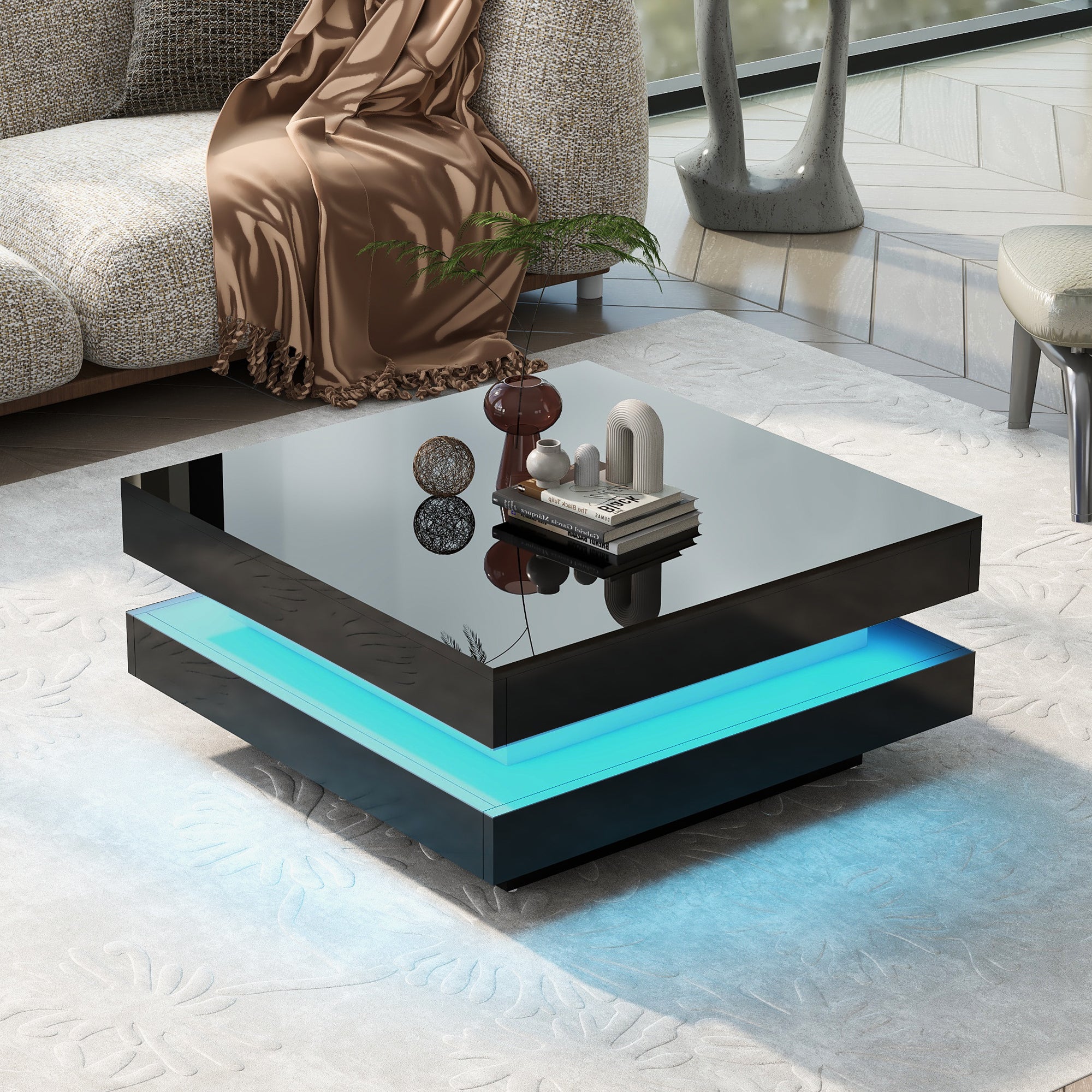 ON-TREND High Gloss Minimalist Design with LED Lights, 2-Tier Square Coffee Table, Center Table for Living Room, 31.5''x31.5''x14.2'',Black - Grand Goldman Shop