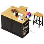 48 inch Kitchen Island with Drop Leaf,Power Outlet,Internal Storage Rack,Rolling Kitchen Storage Cart on 5 Wheels with 5 Open Side Racks,for Kitchen,Black (Old SKU N707P257057B)(Not Include Stools) - Grand Goldman Shop