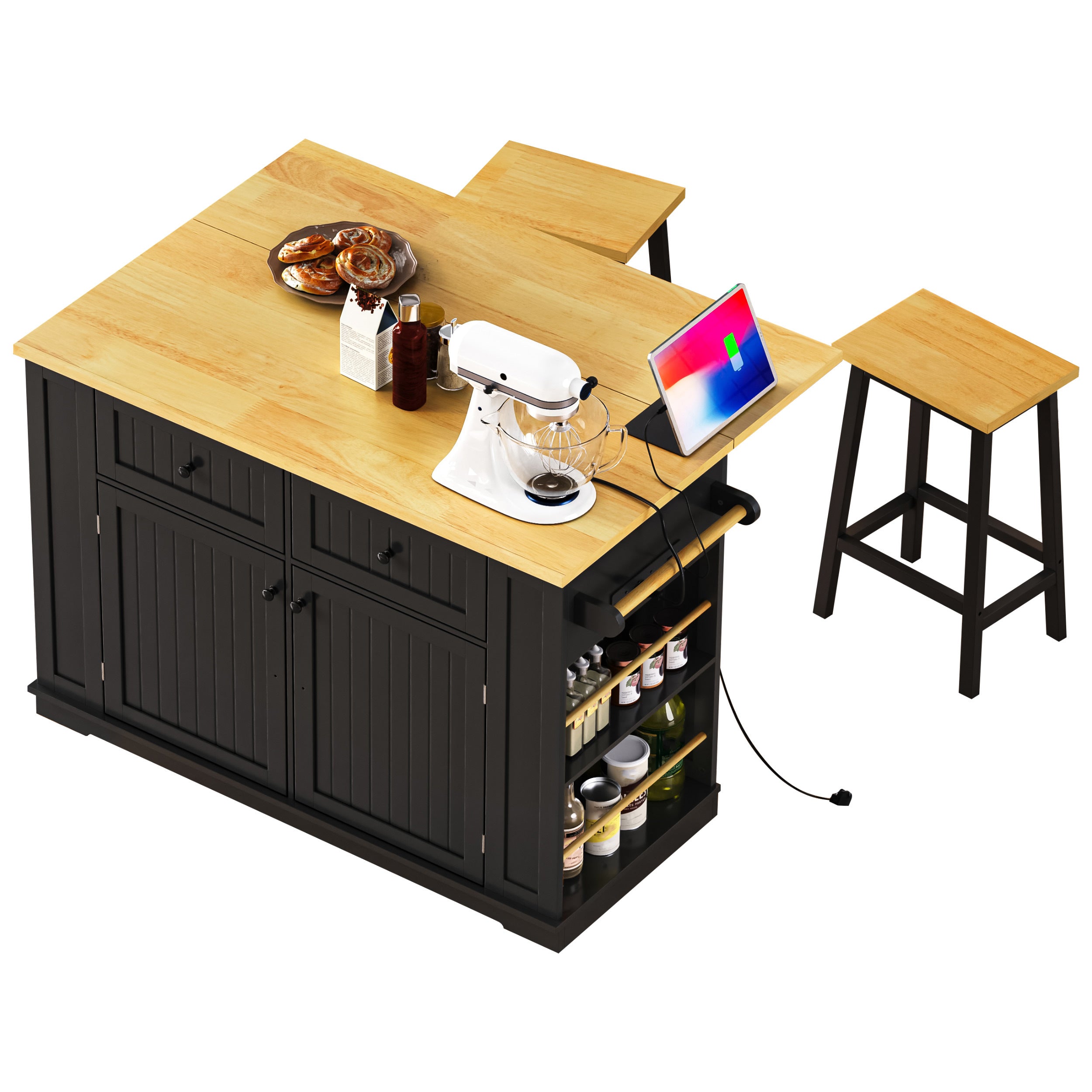 48 inch Kitchen Island with Drop Leaf,Power Outlet,Internal Storage Rack,Rolling Kitchen Storage Cart on 5 Wheels with 5 Open Side Racks,for Kitchen,Black (Old SKU N707P257057B)(Not Include Stools) - Grand Goldman Shop