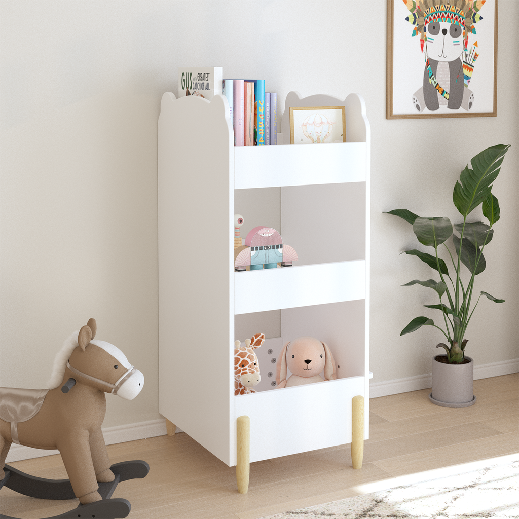 Kids Bookshelf with Chalkboard Side – Bear-Shaped Wooden Bookcase with 3-Tier Storage, Drawing Board for Toddlers, Toy and Bo