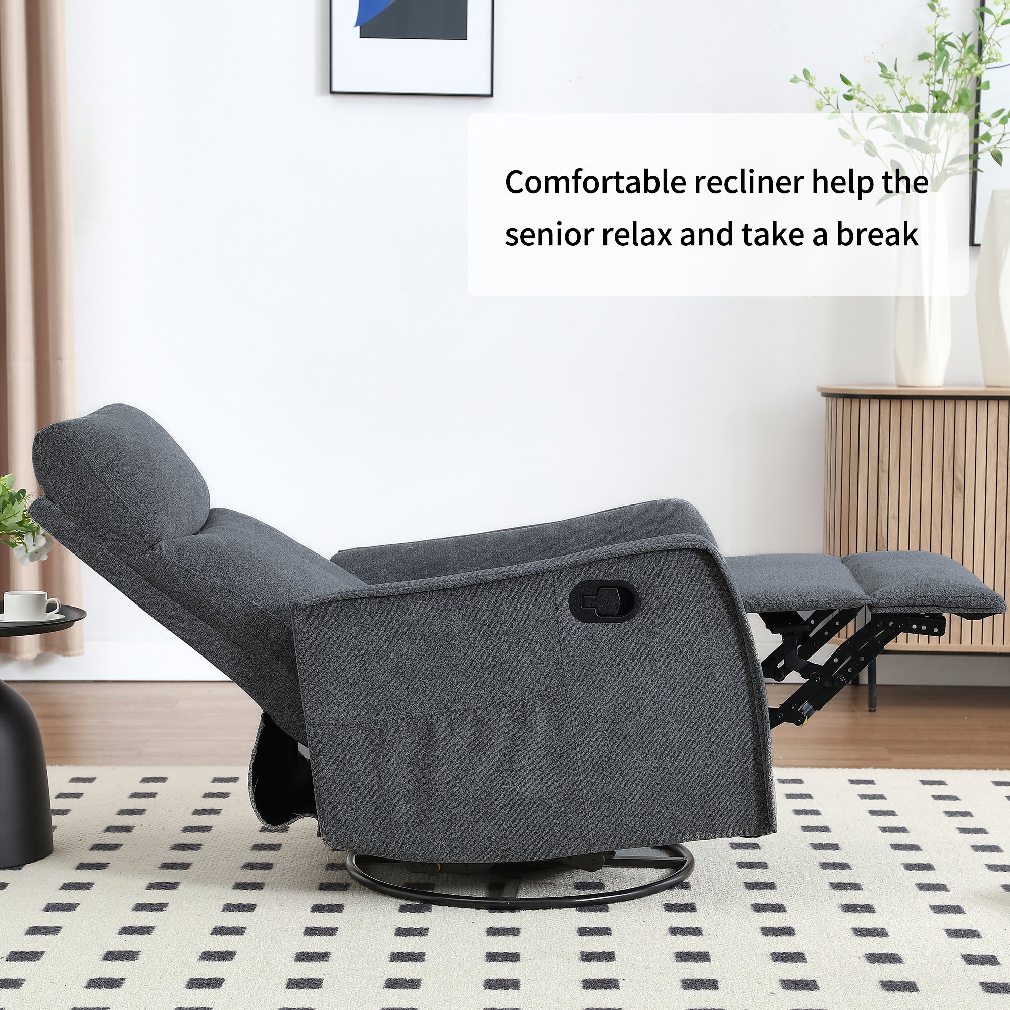 Heat Massage Manual Recliner Chair with Rocker and Swivel in Fabric for Living Room, Grey - Grand Goldman Shop