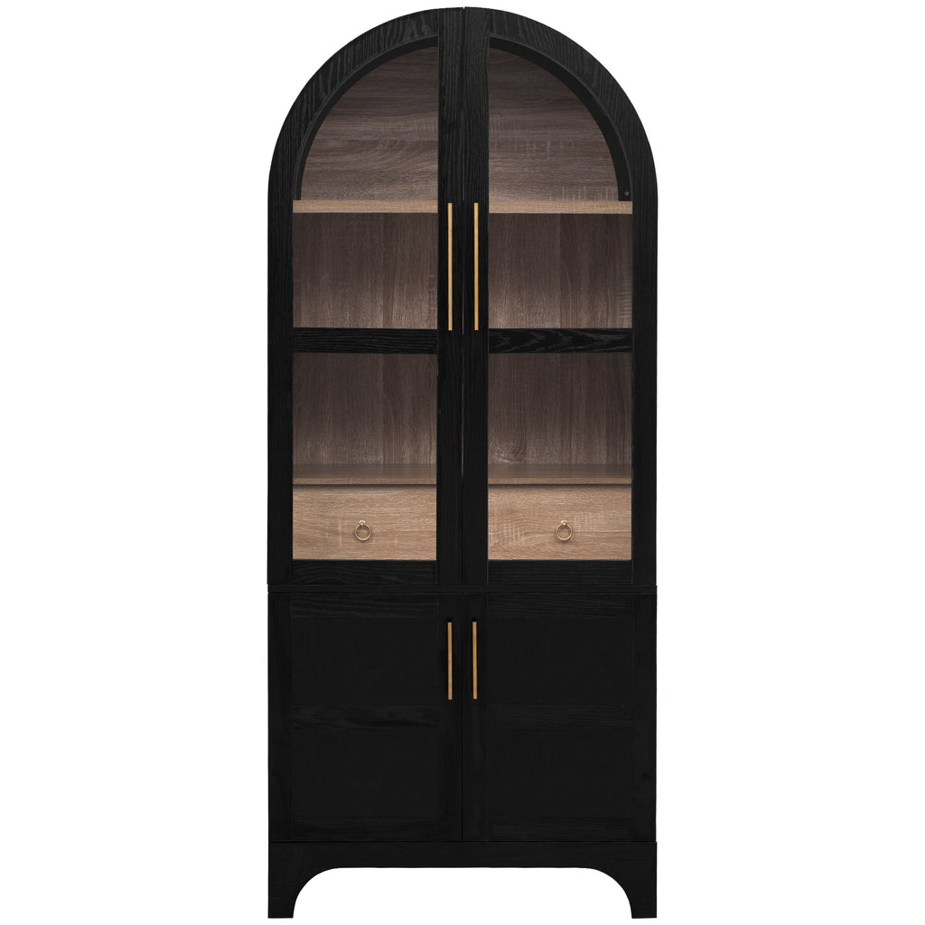 K&K 71' Tall Arched Kitchen Pantry Cabinet with Door Shelves, Farmhouse Kitchen Storage Cabinet with Open & Adjustable Shelves, Hidden Drawer & Glass Door, Cupboard for Kitchen, Dining Room, Black - Grand Goldman Shop
