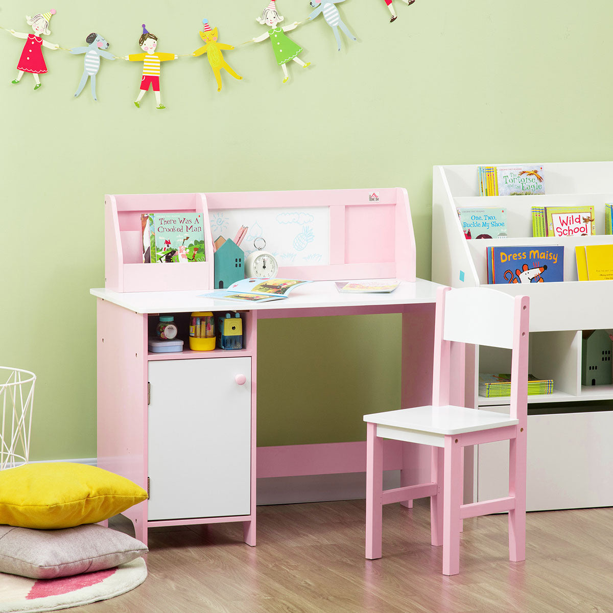 Qaba Toddler Desk and Chair Set, Kids Writing Desk Study Table for Children with Whiteboard, Storage Cabinet, Child Furniture