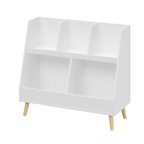 Modern Kids Bookshelf and Toy Organizer with 5 Cubbies, 2-Tier Wooden Open Bookcase, White MDF and Pine Legs | Premium Home D