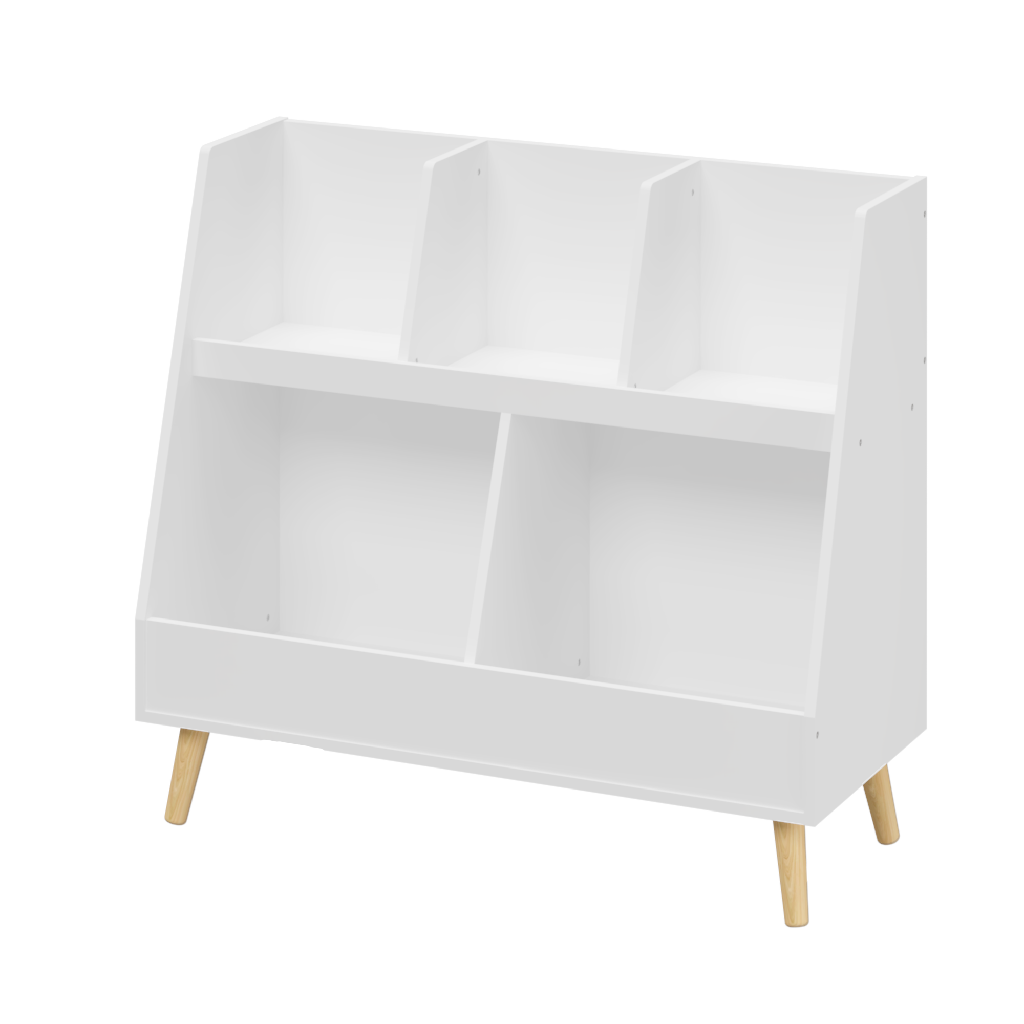 Modern Kids Bookshelf and Toy Organizer with 5 Cubbies, 2-Tier Wooden Open Bookcase, White MDF and Pine Legs | Premium Home D
