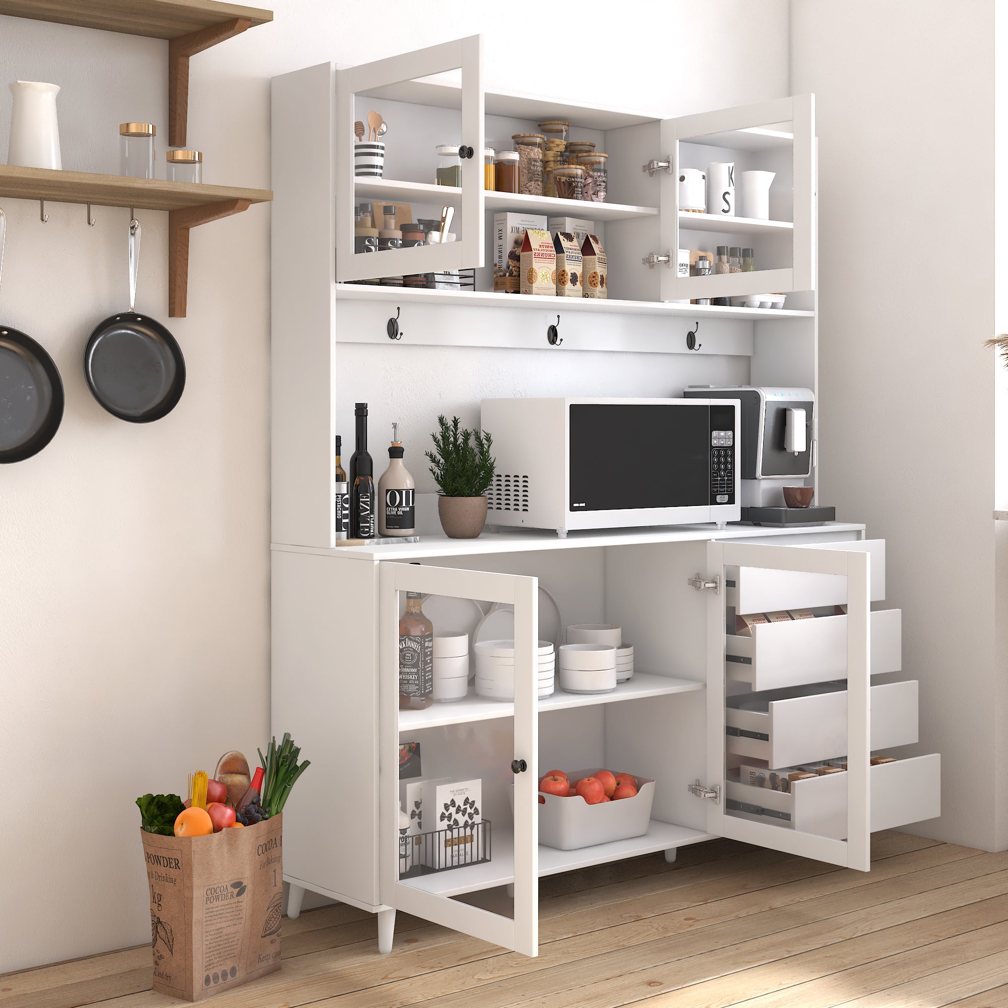 63' W Large Kitchen Hutch Cabinet, Freestanding Pantry Cabinets Storage Kitchen Cupboard with 4 Doors, 4 Drawers & Microwave Shelf, White - Grand Goldman Shop