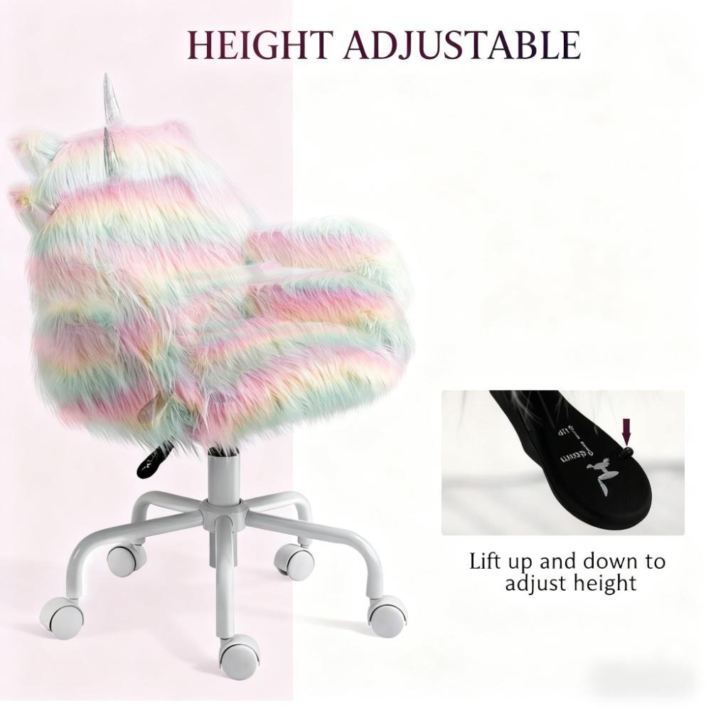 Rainbow Fuzzy Unicorn Office Chair, Plush Desk Chair with Swivel Base, Whimsical & Cozy for Playroom & Office | Premium Home 