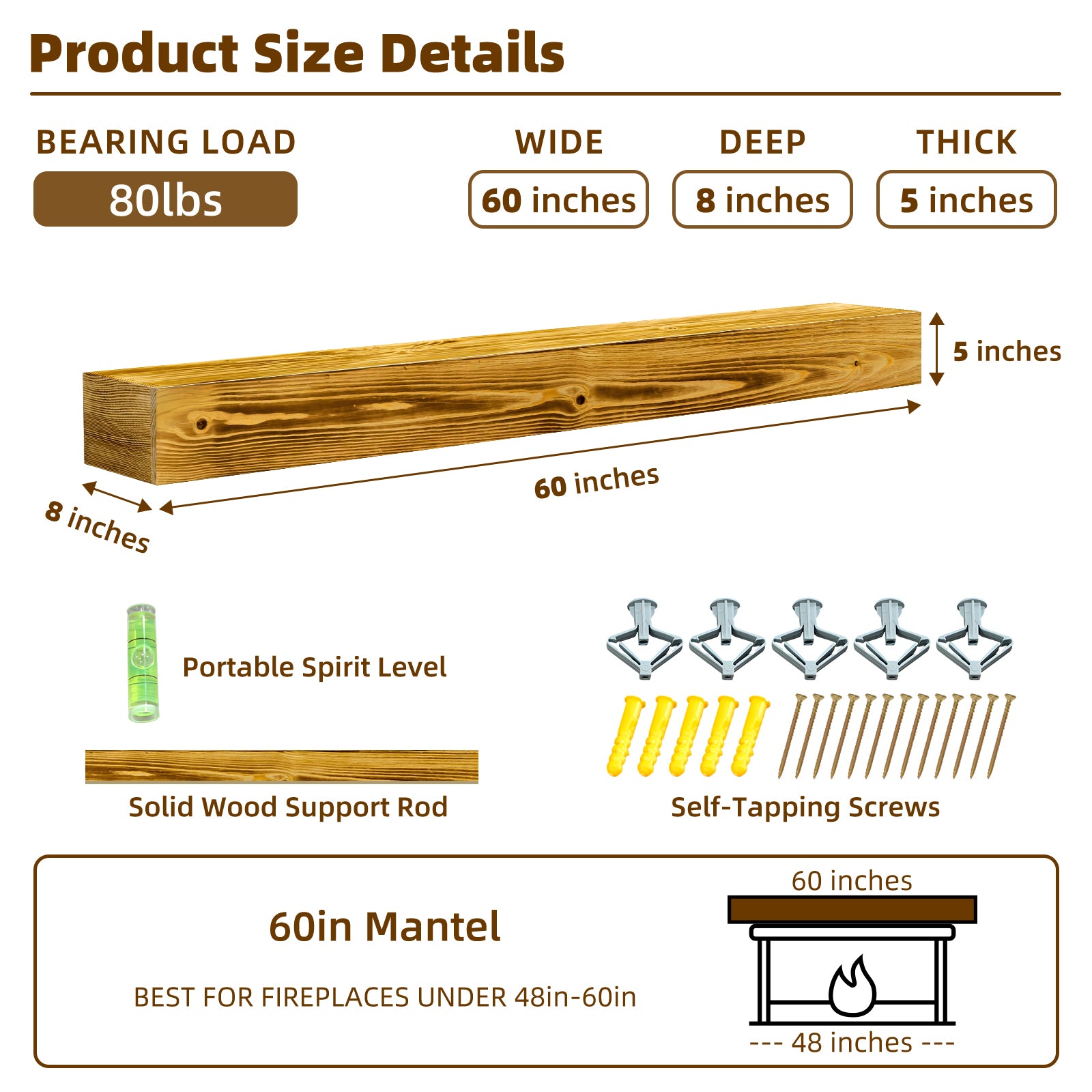 60' Fireplace Mantel, Rustic Fireplace Mantle Shelf with Invisible Brackets, Handcrafted Wood Floating Fireplace Mantel, Wall Mounted Fireplace Mantel Shelf for Living Room Decor, Wood Color - Grand Goldman Shop