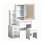 Fashion Vanity Desk with Mirror and Lights for Makeup and Chair, White MDF Vanity Set with 3 Color Adjustable LED Lighting, 4 Drawers - Grand Goldman Shop