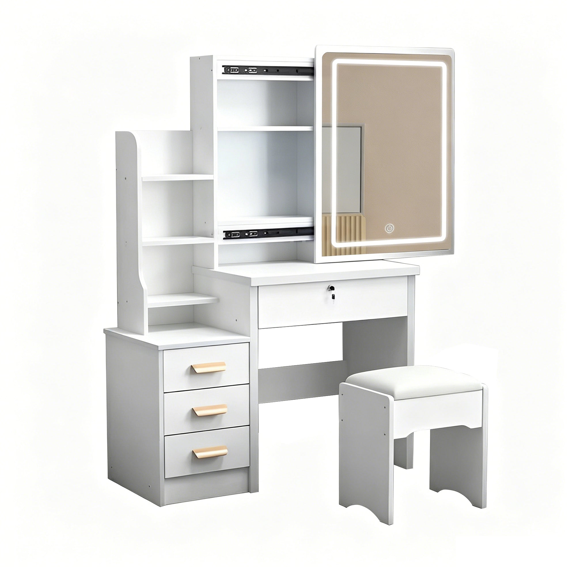 Fashion Vanity Desk with Mirror and Lights for Makeup and Chair, White MDF Vanity Set with 3 Color Adjustable LED Lighting, 4 Drawers - Grand Goldman Shop
