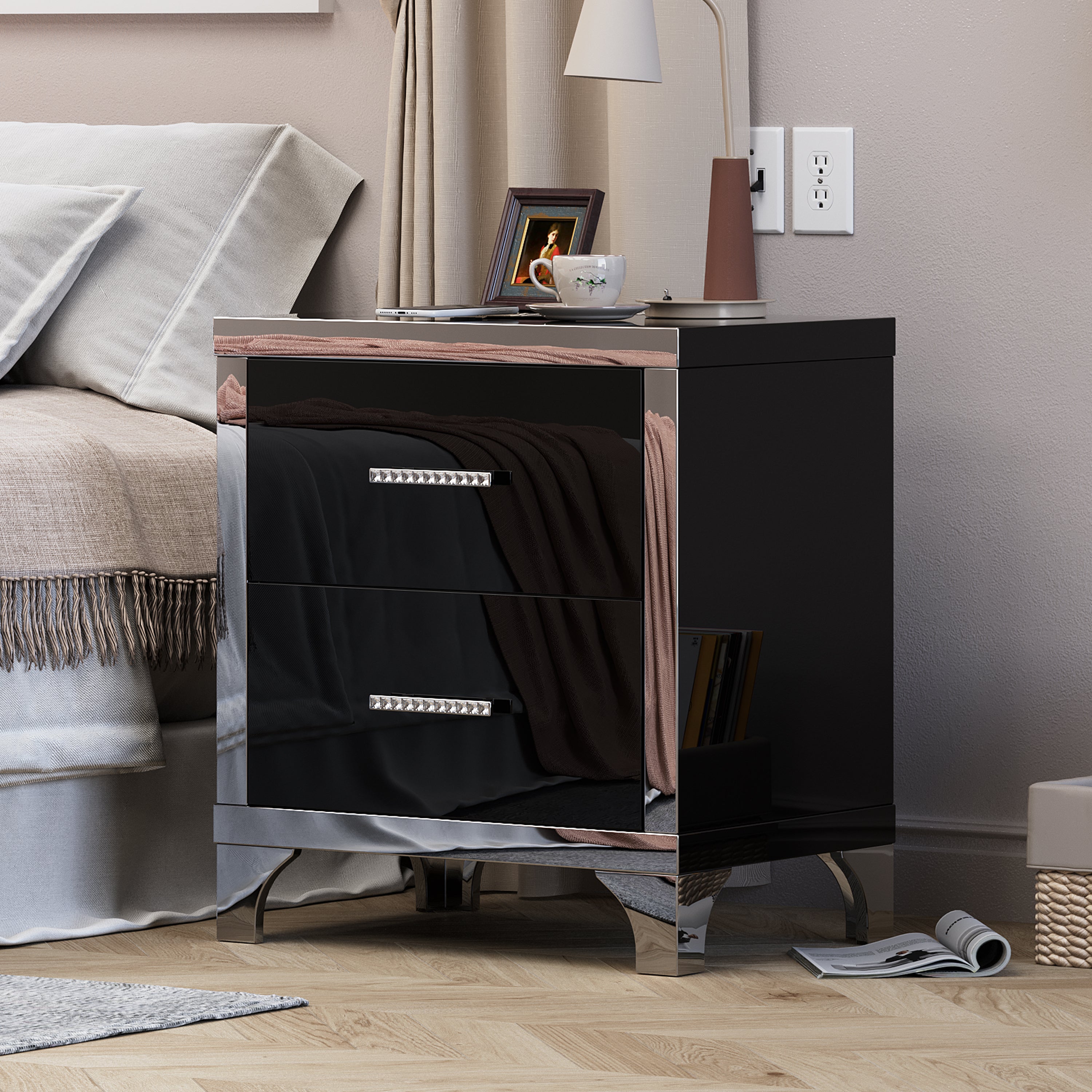 High Gloss Mirrored Nightstand with 2 Drawers,Modern End Table with Drawers,Mirrored High Gloss Wood Nightstand Metal Handle Bedside End Table for Bedroom, Dorm,Living Room,Black - Grand Goldman Shop