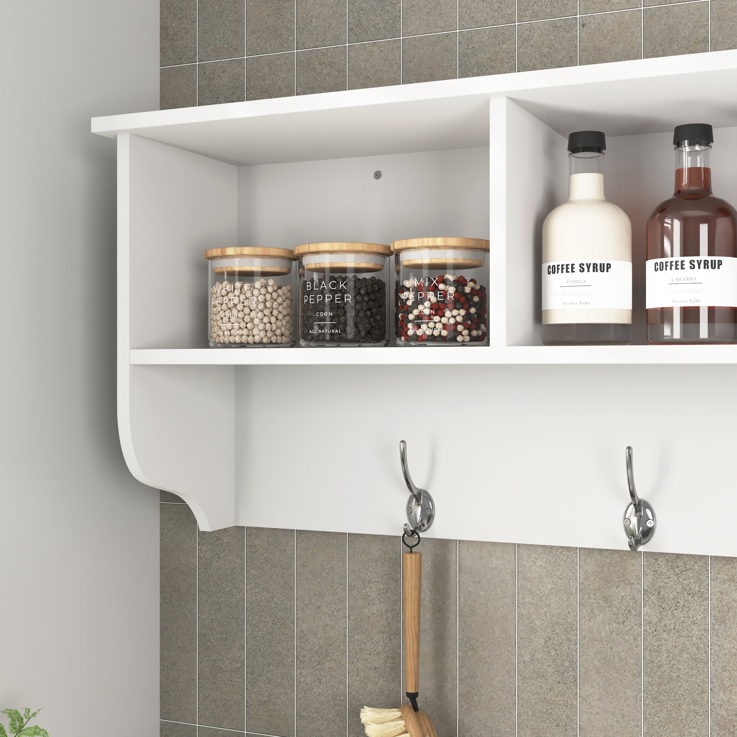 White Entryway Wall Mounted Coat Rack with 4 Dual Hooks Living Room Wooden Storage Shelf - Grand Goldman Shop