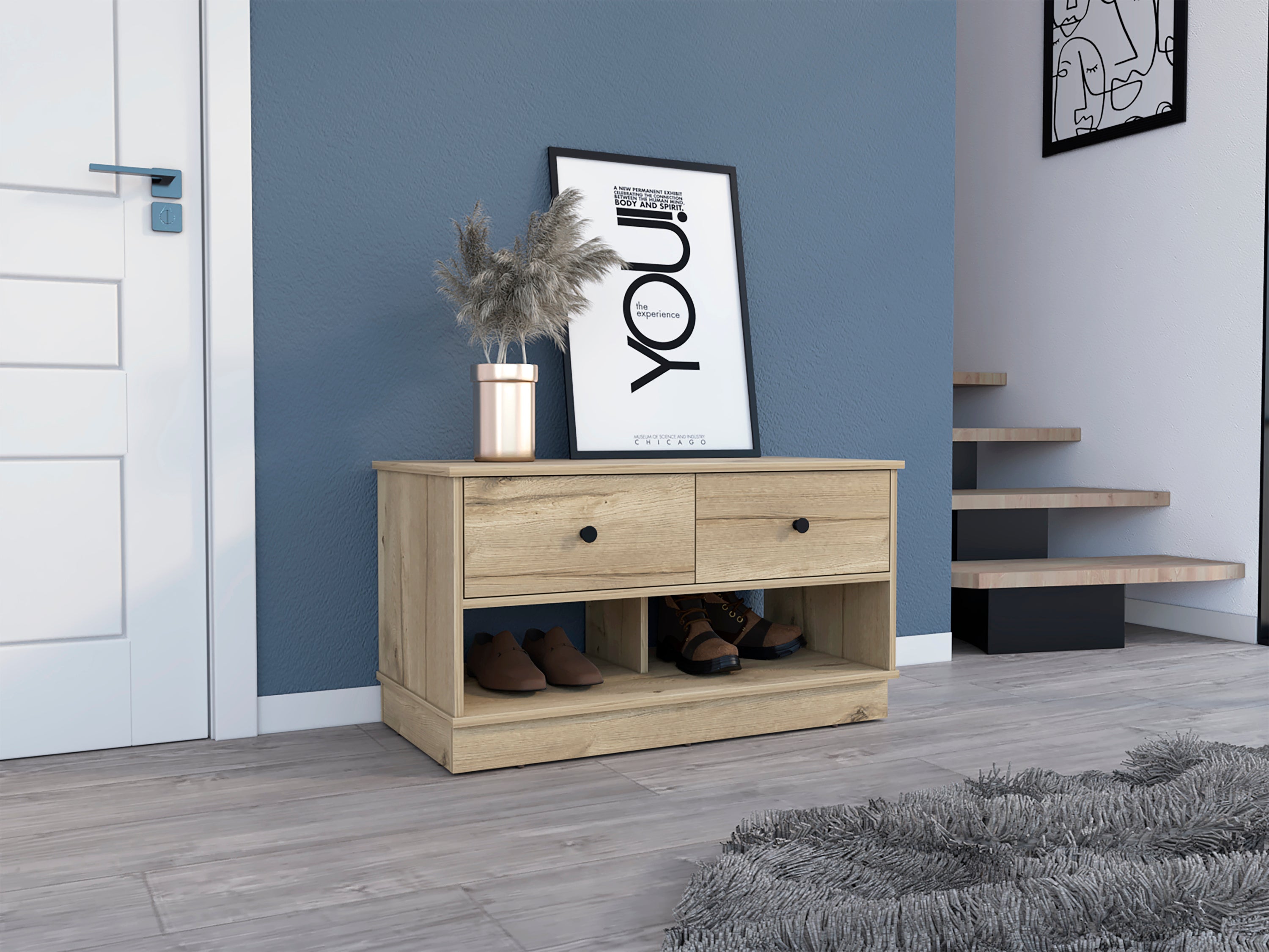 Tulip Storage Bench, Two Drawers, Two Shelves - Grand Goldman Shop