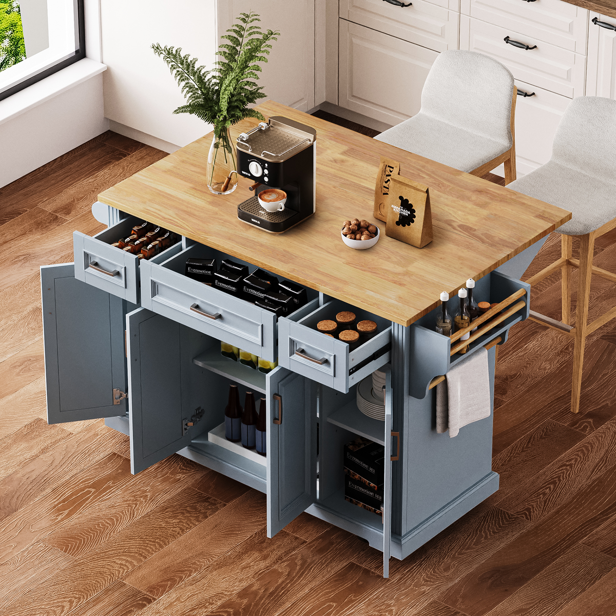 K&K 54inch Large Kitchen Island with Rubber Wood Drop Leaf, Embossed Texture Rolling Kitchen Cart on 4 Wheels with 4 Doors and 3 Drawers, Kitchen Island with Storage for Kitchen, Dining Room,Grey Blue - Grand Goldman Shop