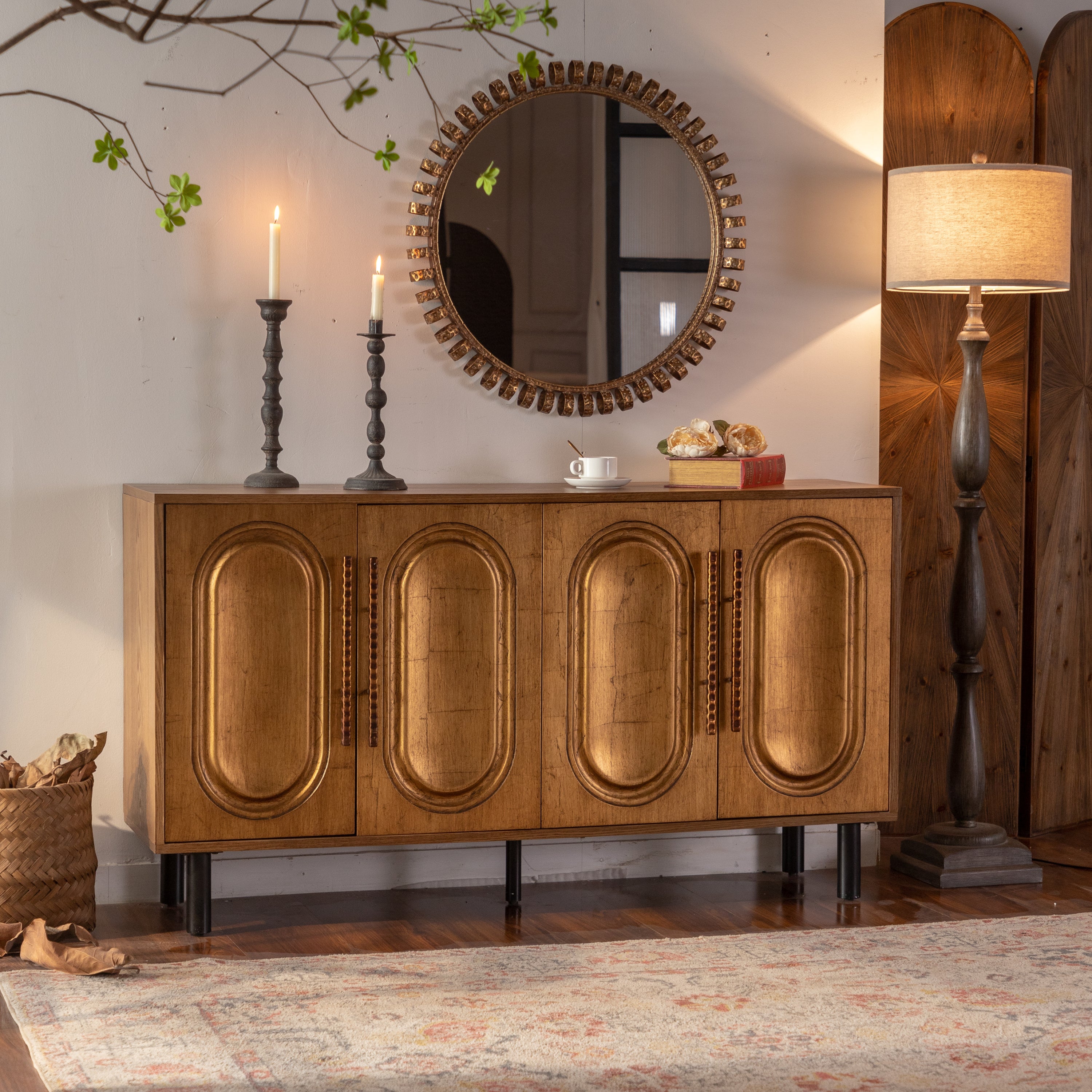 59.84' Gold-Toned 4-Door Sideboard Buffet Cabinet - Solid Wood & MDF Arched Door Storage Console Table for Dining Room/Living Room - Grand Goldman Shop