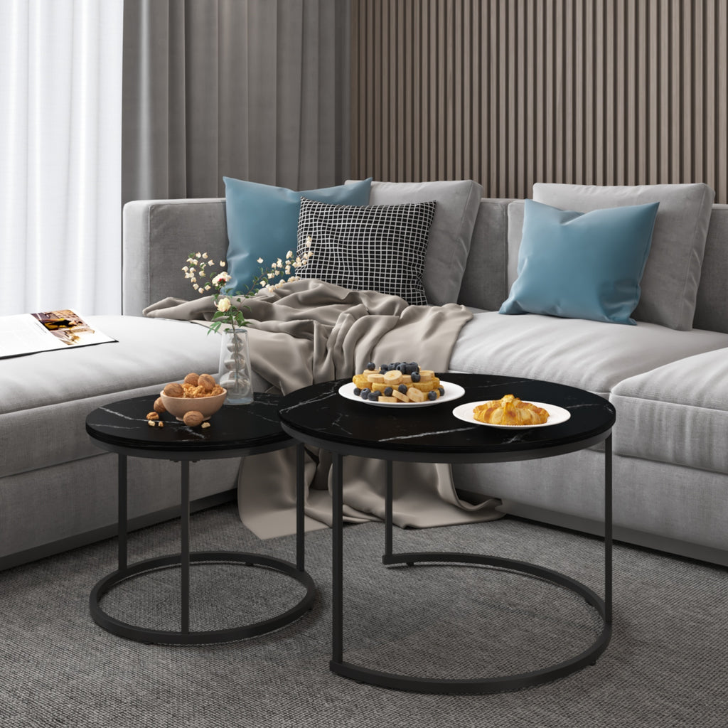Nesting Coffee Table Set of 2, 27.6in Round Wood Marble Pattern Top with Sturdy Metal Frame, Black Living Room Side Tables for Bedroom Balcony Yard - Grand Goldman Shop
