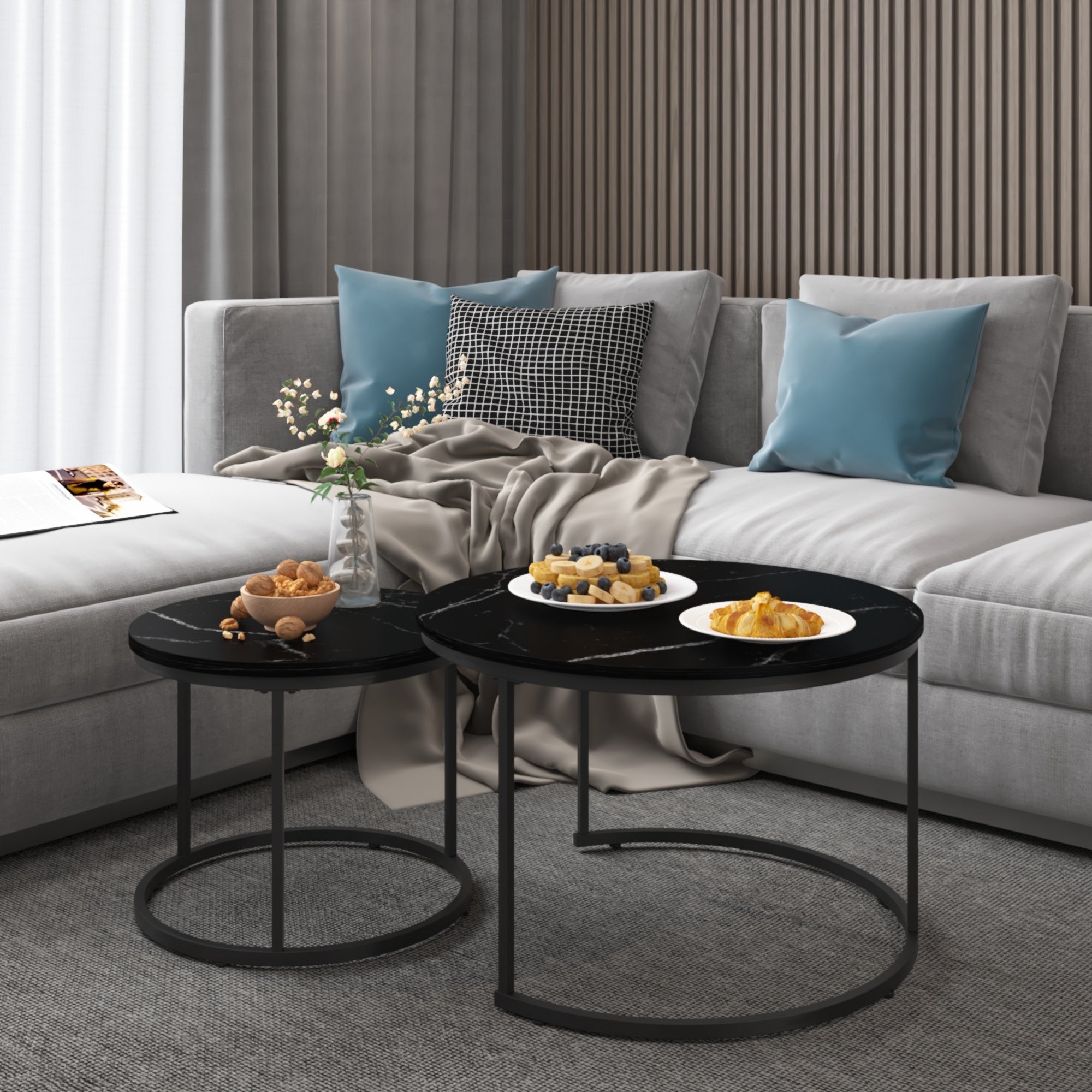 Nesting Coffee Table Set of 2, 27.6in Round Wood Marble Pattern Top with Sturdy Metal Frame, Black Living Room Side Tables for Bedroom Balcony Yard - Grand Goldman Shop