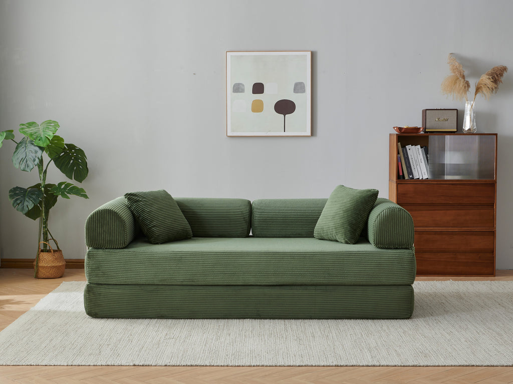 78.8' Compression Sofa,Convertible Floor Sofa Bed-with Pillow Back Support Armrest,Comfy Futon Couch Sleeper Bed,Loveseats Boneless Modular Sectional Sofa,Corduroy fabric,for Living Room,Bedroom,Green - Grand Goldman Shop