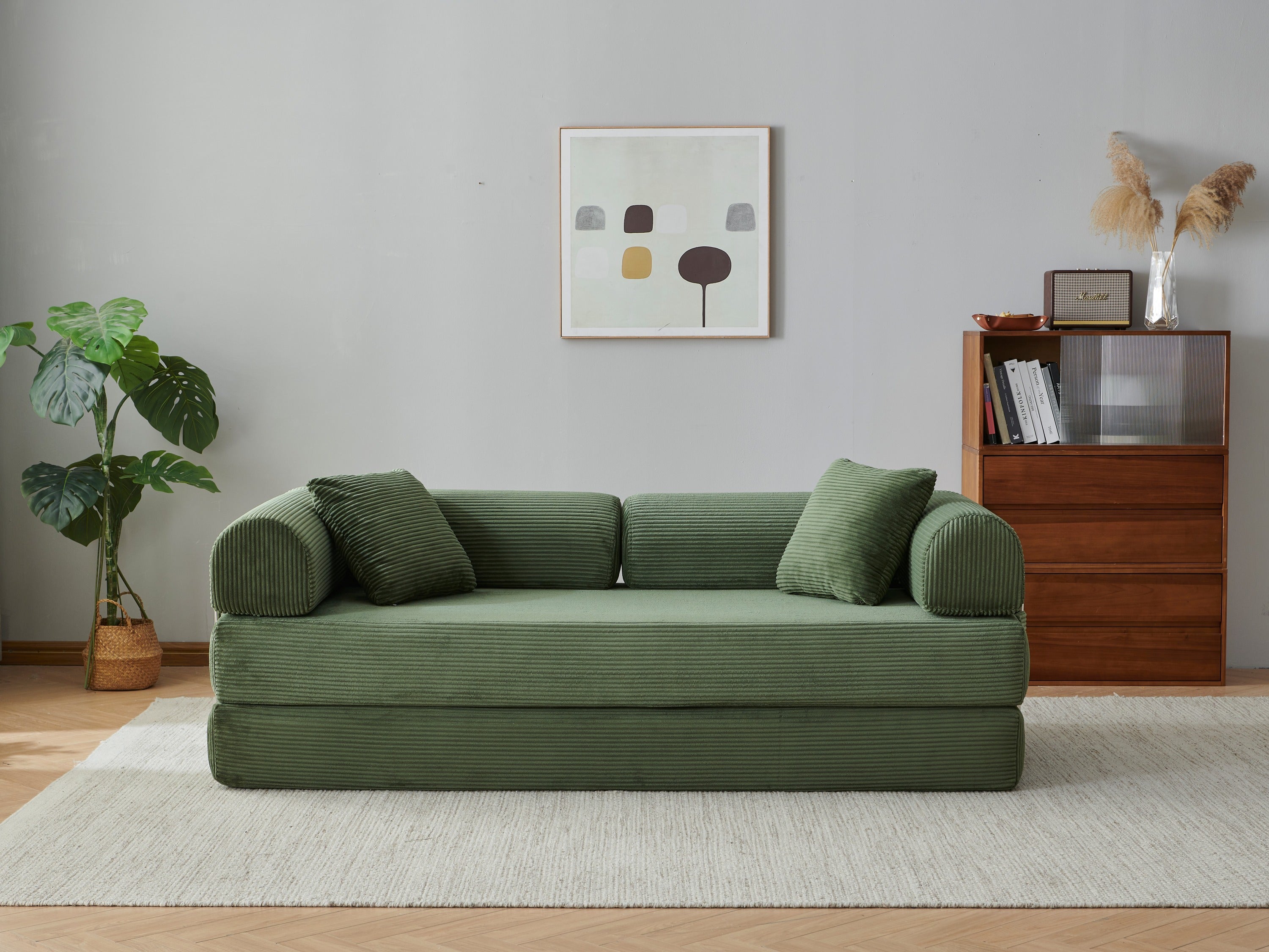 78.8' Compression Sofa,Convertible Floor Sofa Bed-with Pillow Back Support Armrest,Comfy Futon Couch Sleeper Bed,Loveseats Boneless Modular Sectional Sofa,Corduroy fabric,for Living Room,Bedroom,Green - Grand Goldman Shop