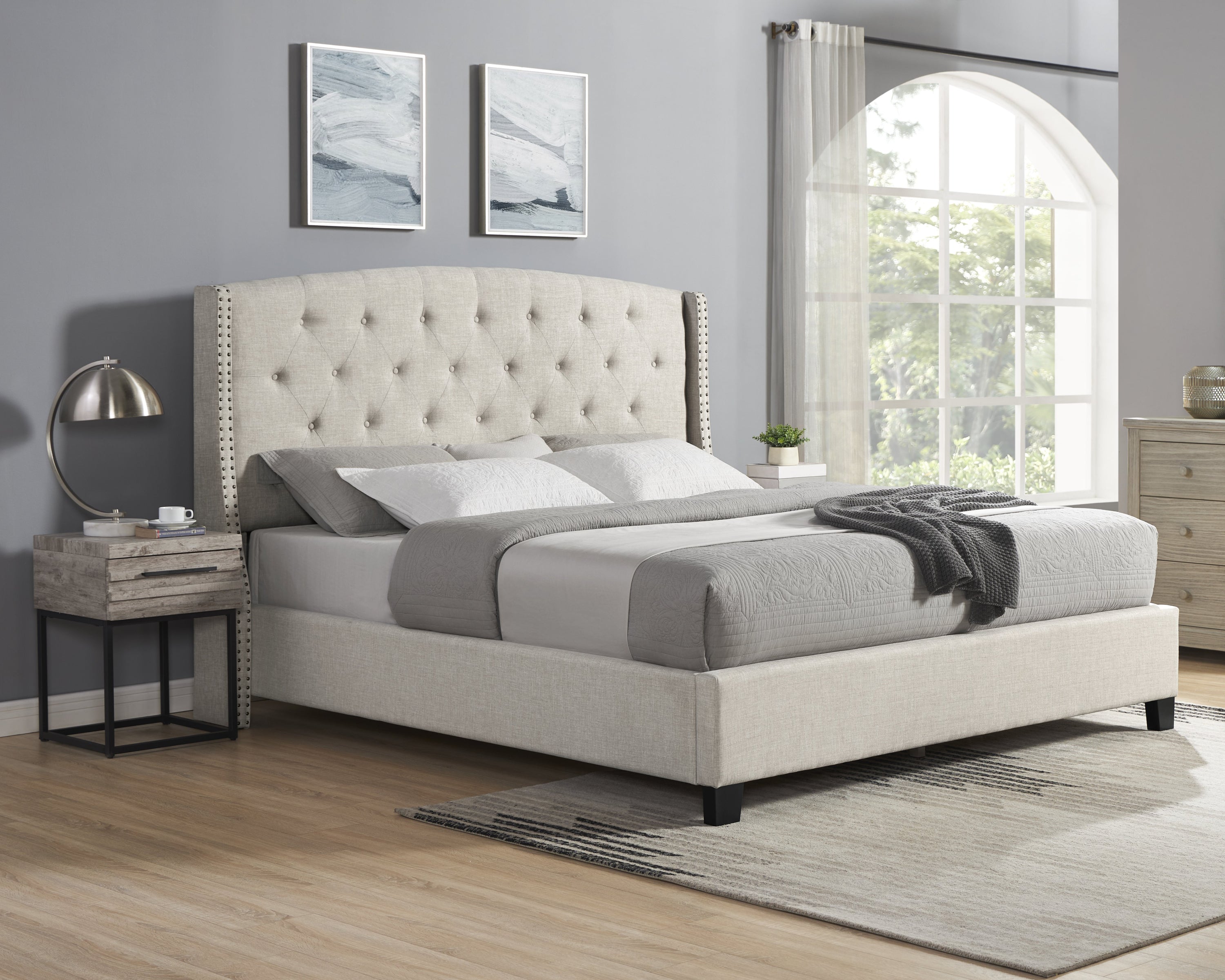 Astral 3-Piece Upholstered Bedroom Set, Tufted Wingback Bed with Two Gray Nightstands - Grand Goldman Shop