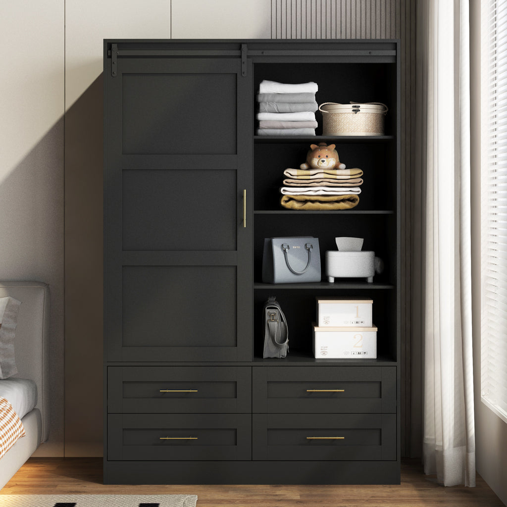 Tall Bedroom Armoire Wardrobe Closet Clothing Storage Cabinet with Hanging Rod Barn Door Drawers Open Shelves - Grand Goldman Shop
