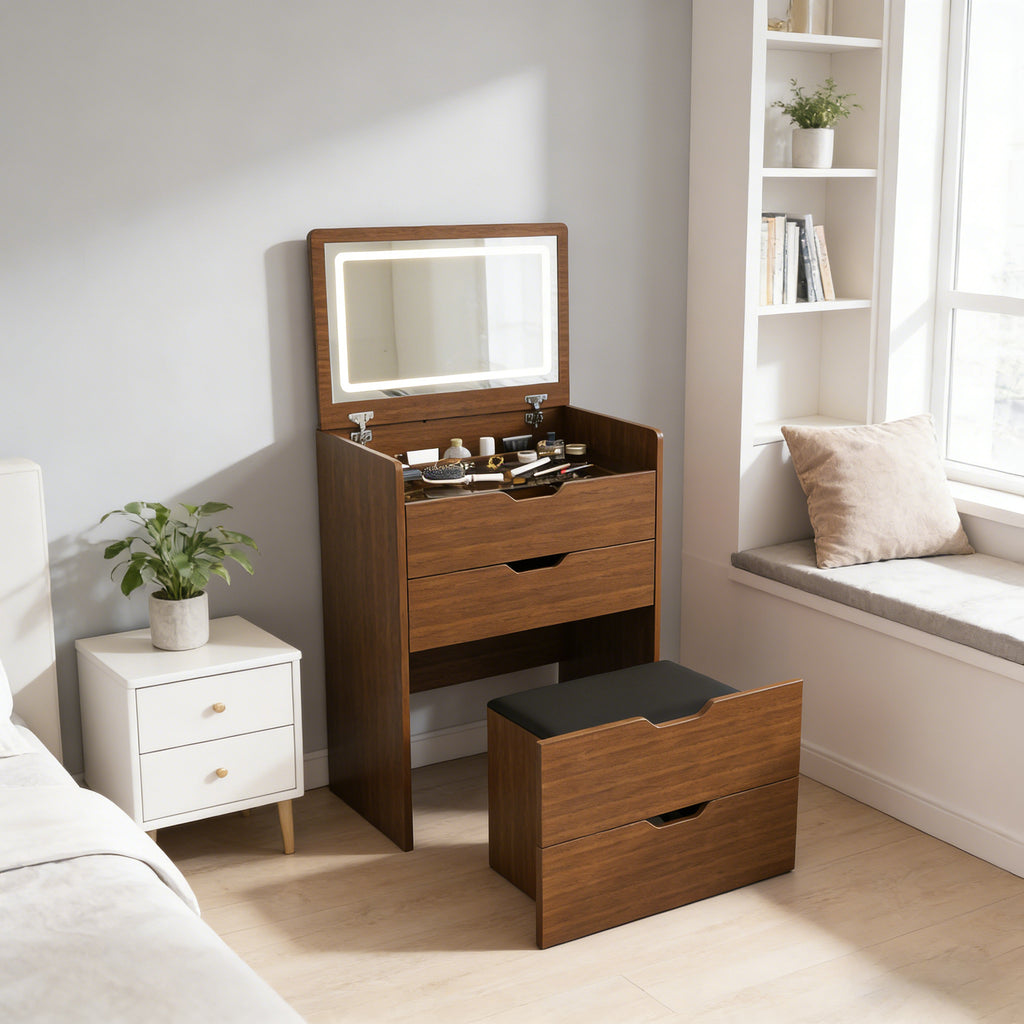 3-in-1 Vanity Desk with Lighted Mirror & Stool, Flip Top Makeup Dressing Table in Walnut Finish, Compact Storage for Bedroom, Bathroom, Dressing Room, 23.62'L - Grand Goldman Shop