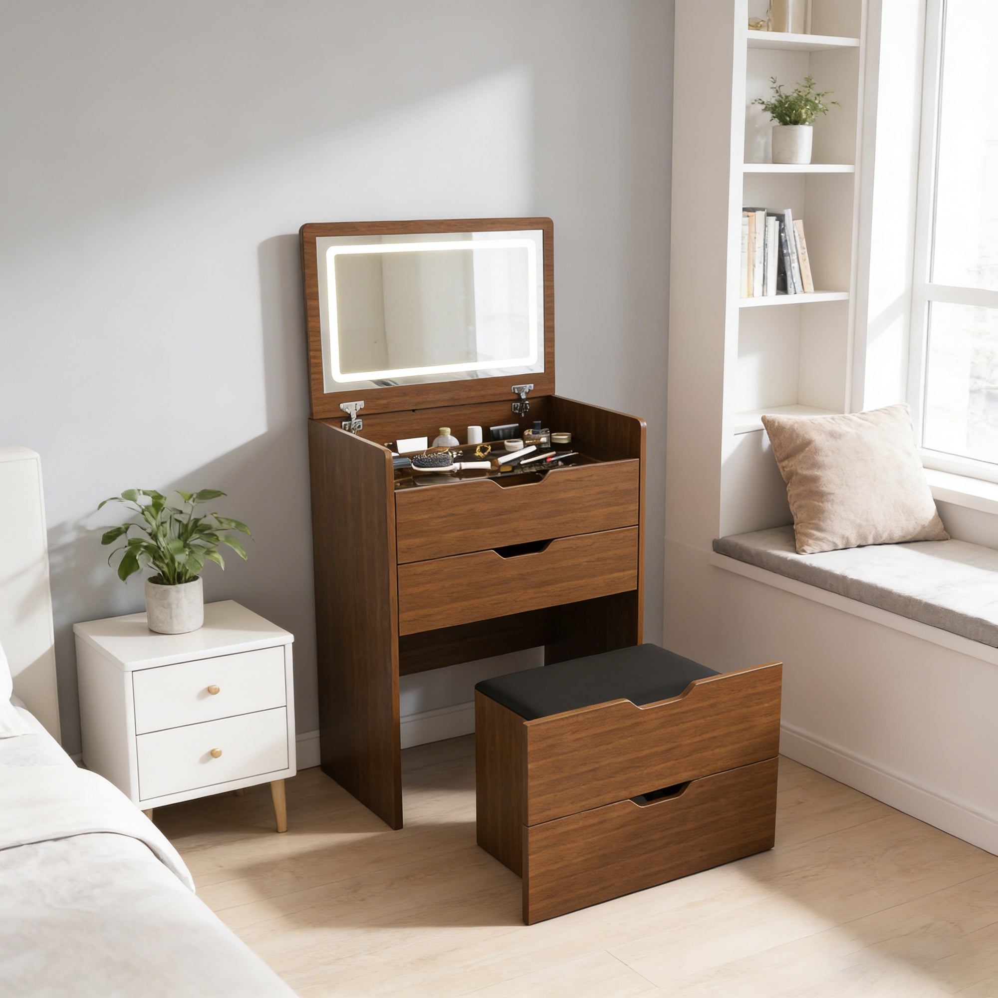 3-in-1 Vanity Desk with Lighted Mirror & Stool, Flip Top Makeup Dressing Table in Walnut Finish, Compact Storage for Bedroom, Bathroom, Dressing Room, 23.62'L - Grand Goldman Shop
