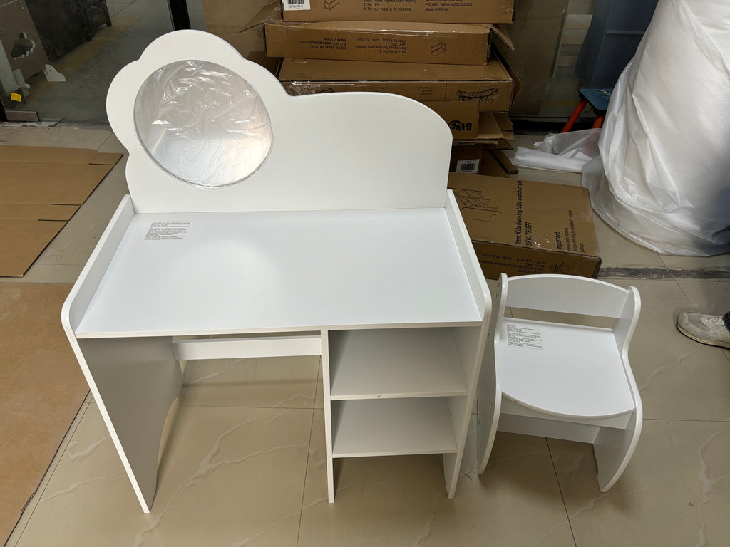 Kids Vanity Table with Mirror and Chair, Wooden Children's Dressing Makeup Desk with Storage Shelves, Study and Activity Tabl