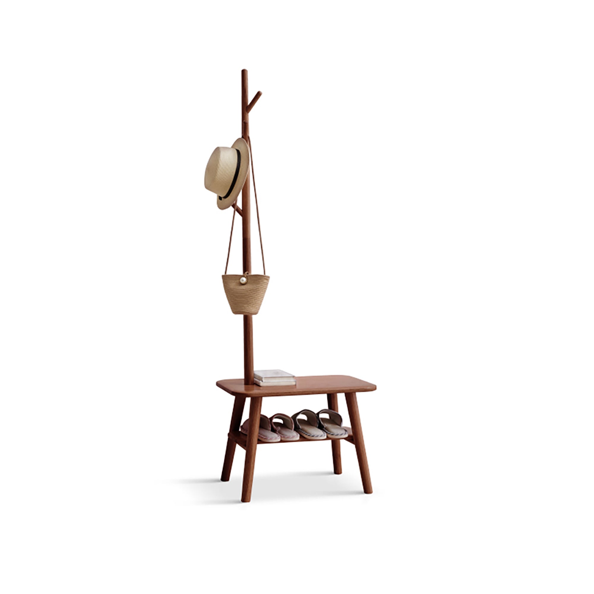 (Walnut Color) Natural Solid Wood Shoe Stool With Cloth Hanger, Mid-Century Modern Storage Bench with High Rebound Sponge Cushion for Entryway and Living Spaces - Grand Goldman Shop