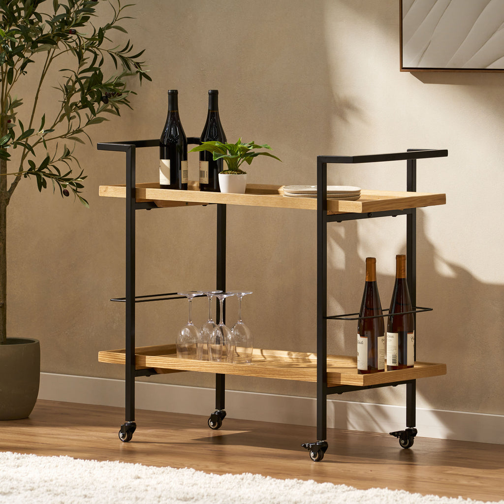 Modern Industrial Bar Cart with Shelving and Casters in Natural Wood and Metal, 38 x 16.1 x 33 inches - Grand Goldman Shop