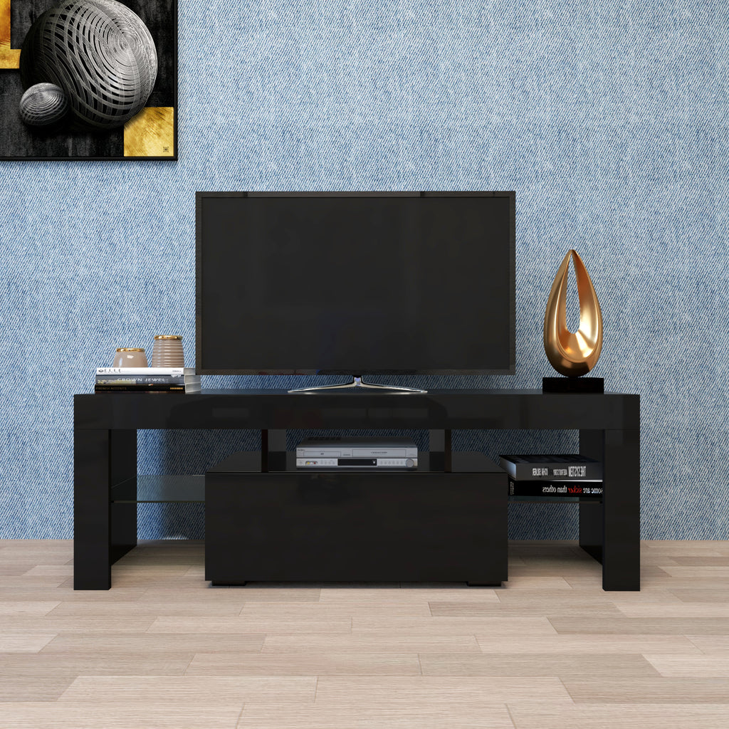 Black TV Stand with LED RGB Lights,Flat Screen TV Cabinet, Gaming Consoles - in Lounge Room, Living Room and Bedroom(Black) - Grand Goldman Shop