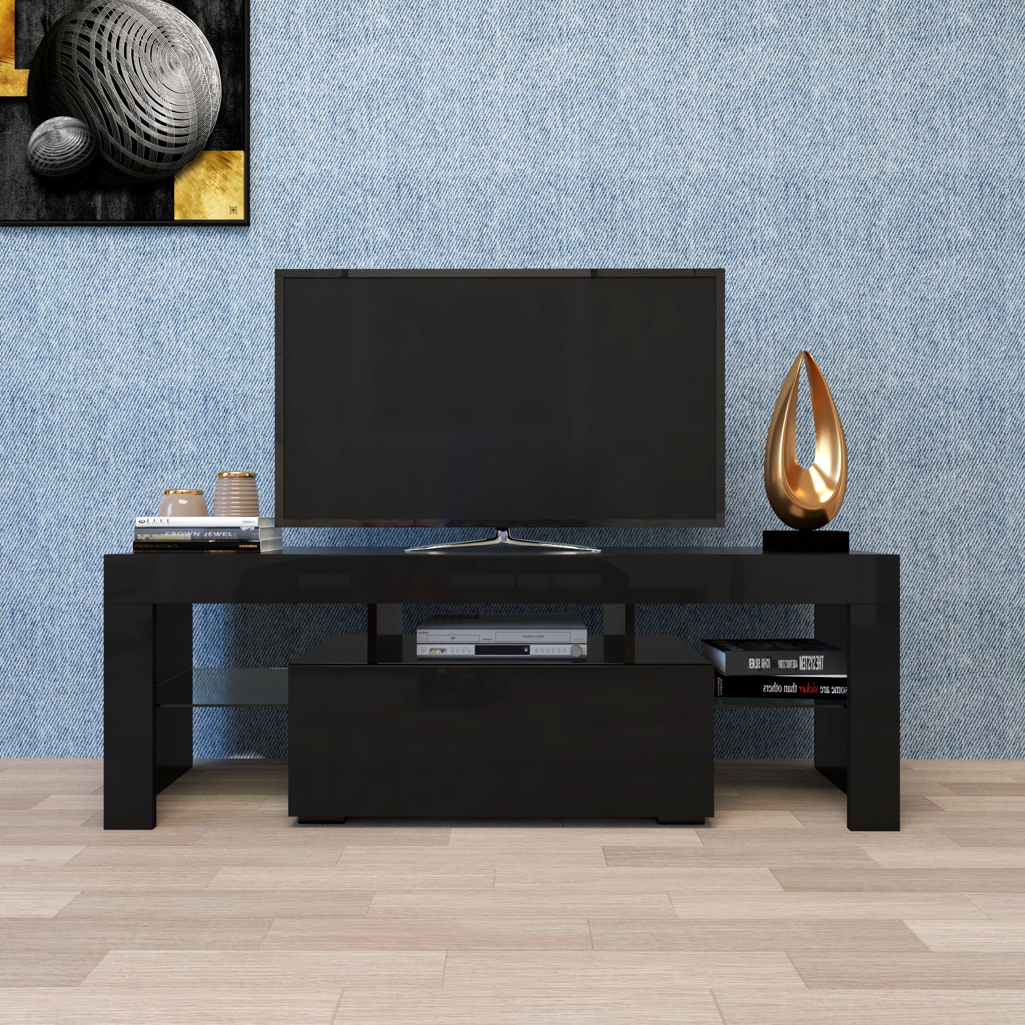 Black TV Stand with LED RGB Lights,Flat Screen TV Cabinet, Gaming Consoles - in Lounge Room, Living Room and Bedroom(Black) - Grand Goldman Shop