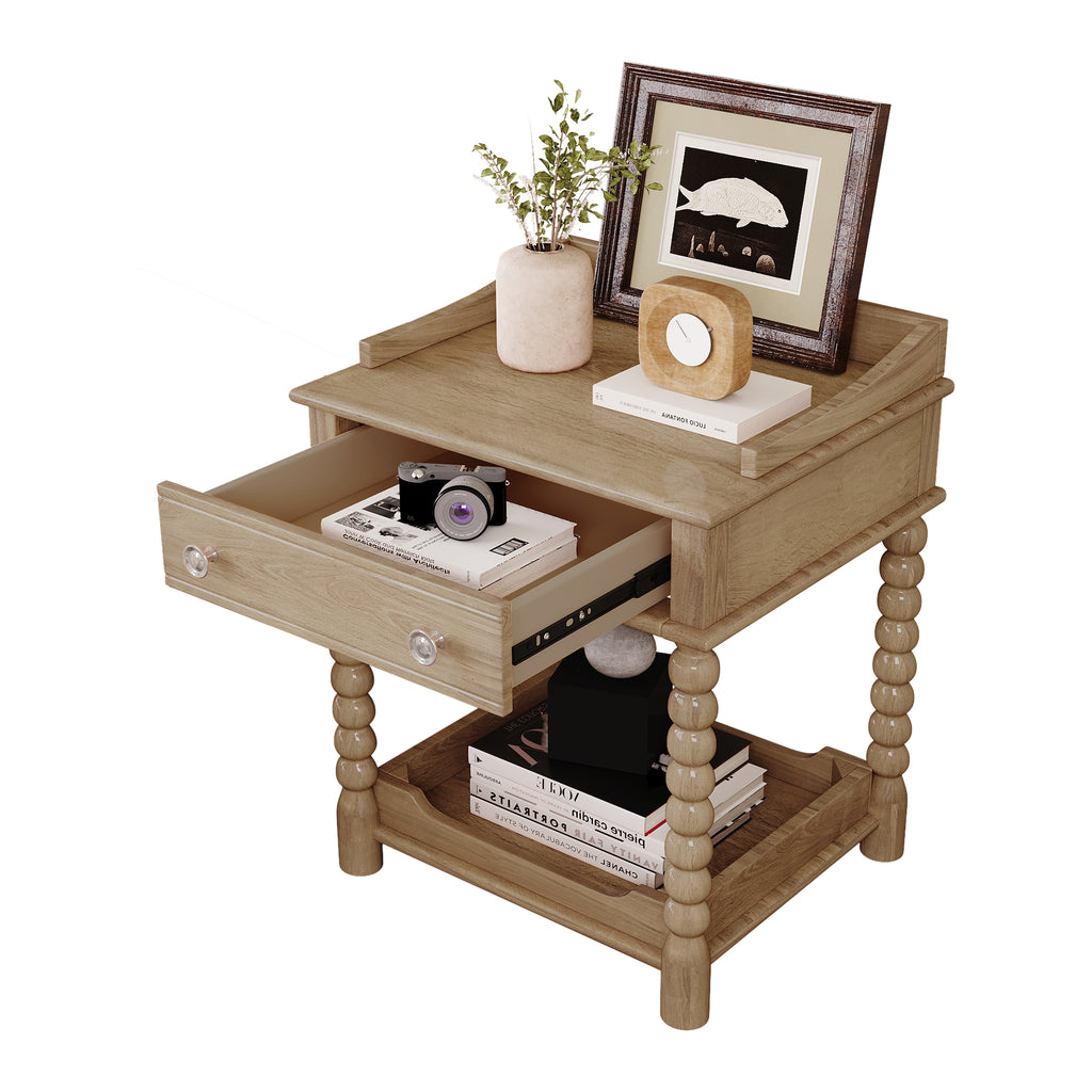 Retro Style Nightstand with Drawer and Open Shelf for Bedroom, Bedside Table with Turned Legs and Metal Handle,Natural - Grand Goldman Shop