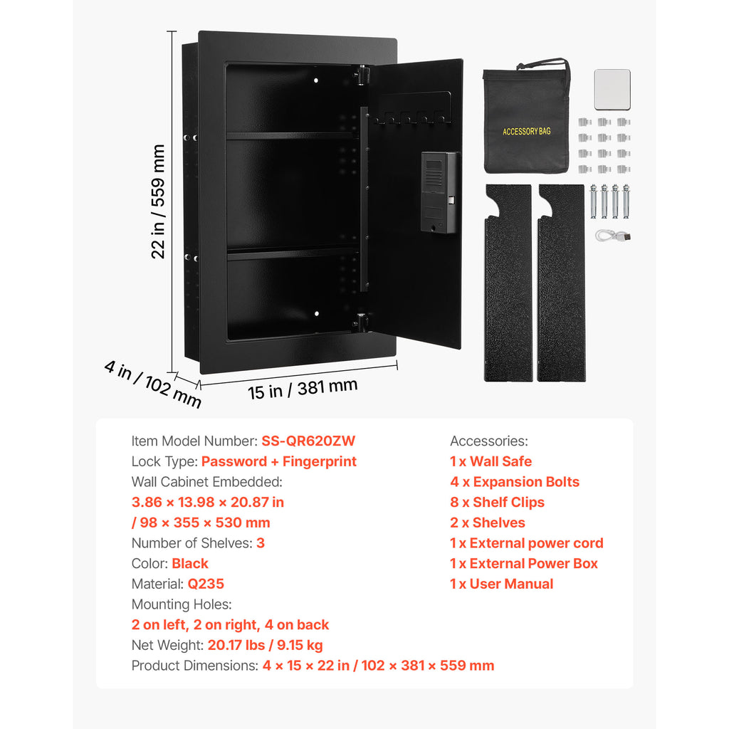 Wall Safe, 3-Tier Hidden Wall Safe with Fingerprint, Password, Key & Turning Knob, Q235 Cold-Rolled Steel In-Wall Box with Ad