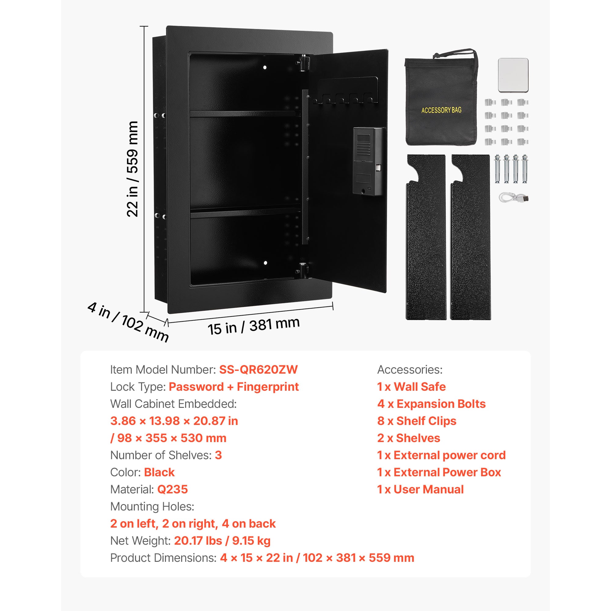 Wall Safe, 3-Tier Hidden Wall Safe with Fingerprint, Password, Key & Turning Knob, Q235 Cold-Rolled Steel In-Wall Box with Ad
