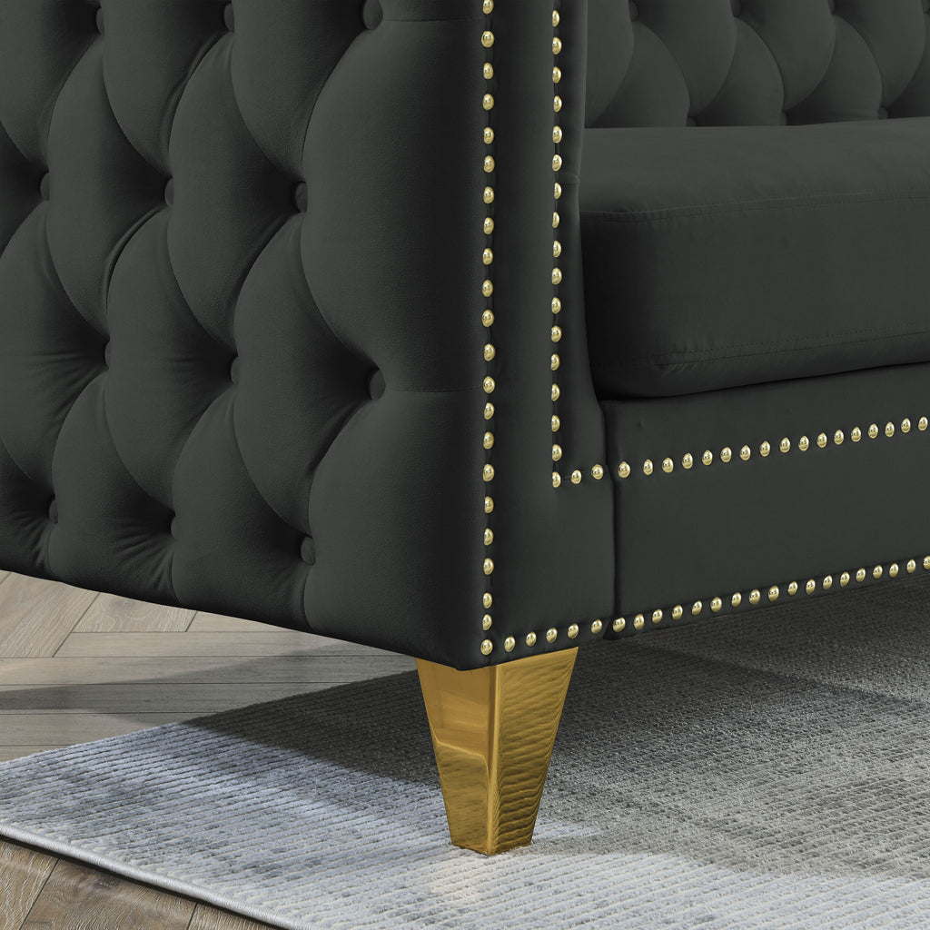Modern Black Velvet Sofa with Button Tufting and Metal Legs, 3-Seater Couch for Living Room or Bedroom, Upholstered in Soft Velvet with Solid Wood Frame - Grand Goldman Shop