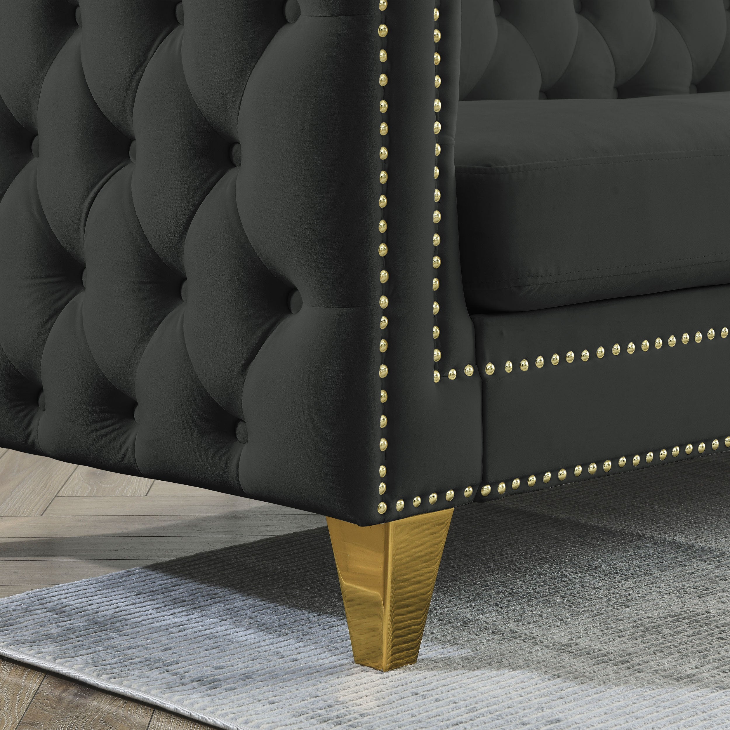 Modern Black Velvet Sofa with Button Tufting and Metal Legs, 3-Seater Couch for Living Room or Bedroom, Upholstered in Soft Velvet with Solid Wood Frame - Grand Goldman Shop