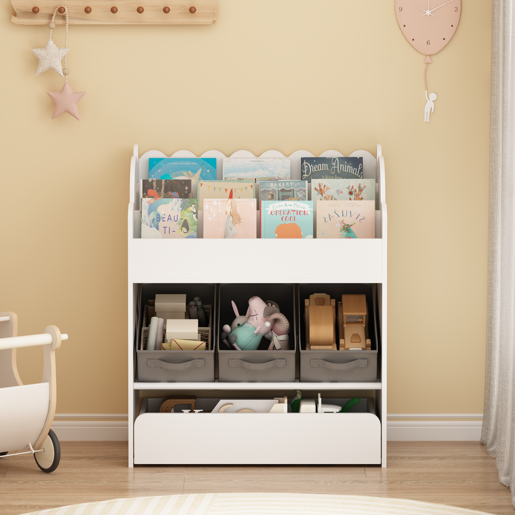 Kids Bookshelf with Storage Bins and Drawer, Multi-Functional Wooden Book Organizer for Toddlers, White Bookcase for Toys, Bo