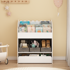 Kids Bookshelf with Storage Bins and Drawer, Multi-Functional Wooden Book Organizer for Toddlers, White Bookcase for Toys, Bo