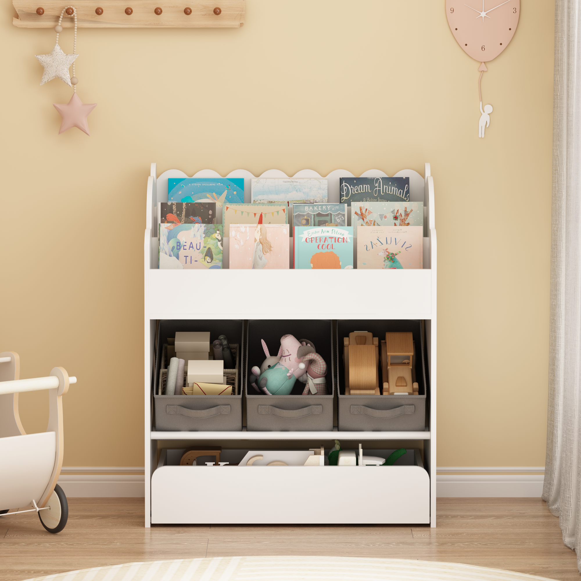 Kids Bookshelf with Storage Bins and Drawer, Multi-Functional Wooden Book Organizer for Toddlers, White Bookcase for Toys, Bo